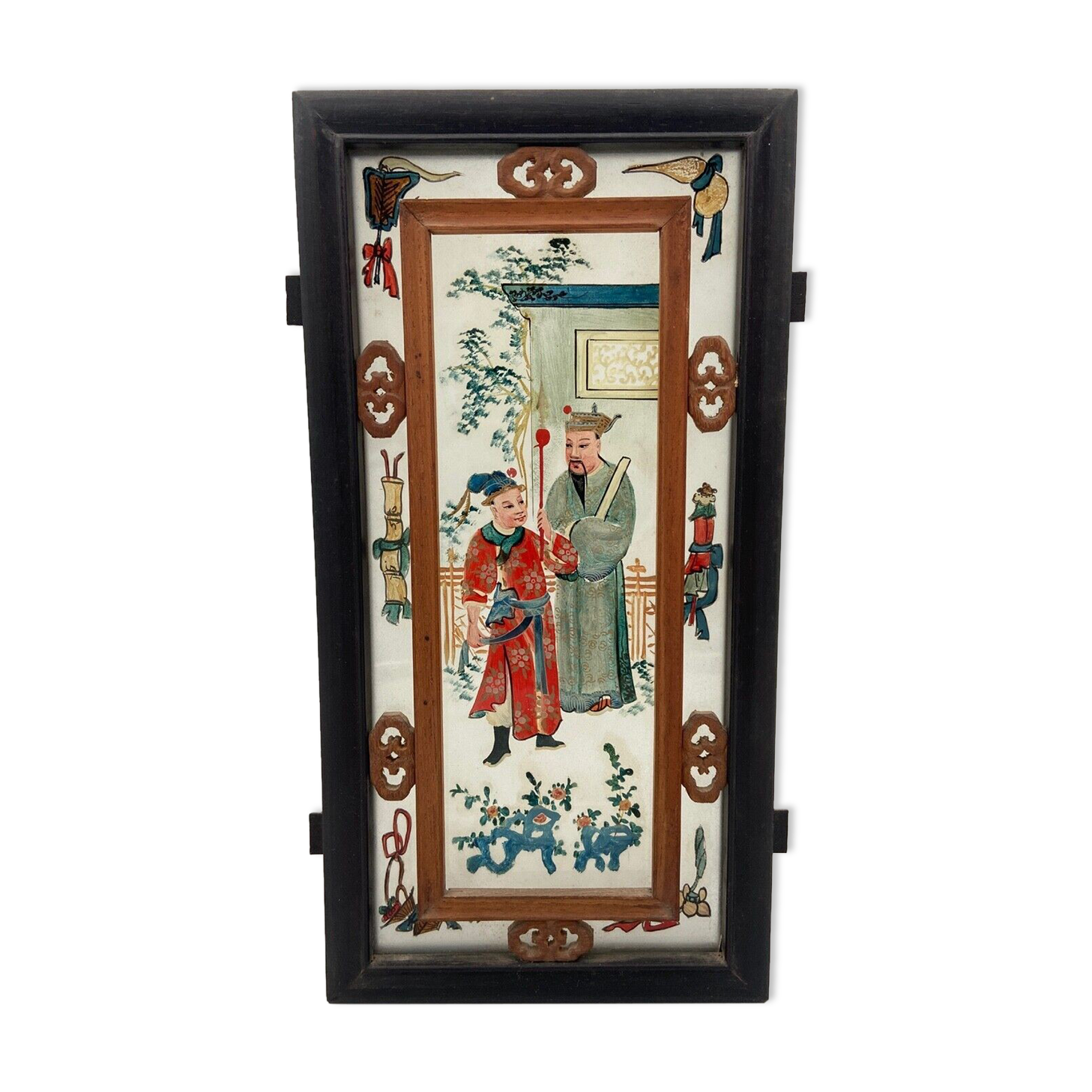 Fixed lantern plate under hand painted glass ironwood late nineteenth century