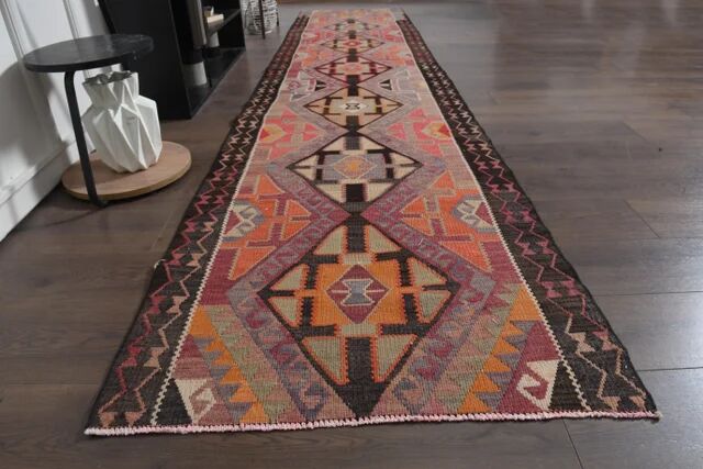 1970s Turkish Oushak Handmade Wool Cotton Orange Runner Rug 90x400