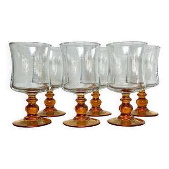 6 medium amber-stemmed glasses