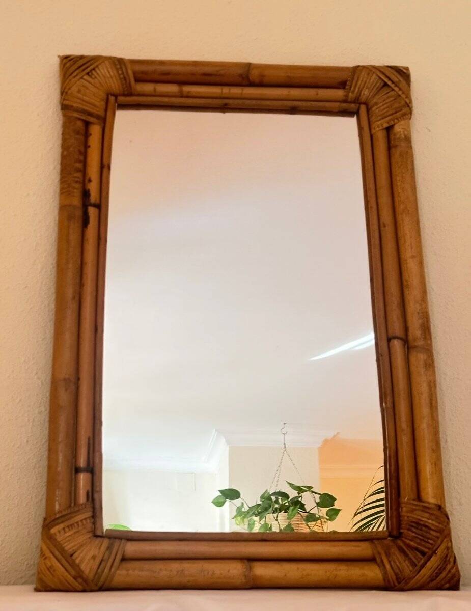 Vintage Italian mirror in bamboo and rattan, 1950s.