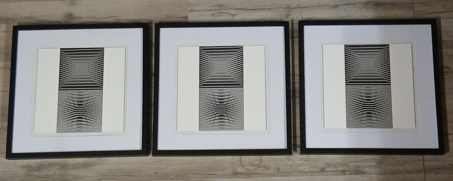 Vintage Optical Art Triptych - Victor Vasarely - 3 Frames 40x40cm