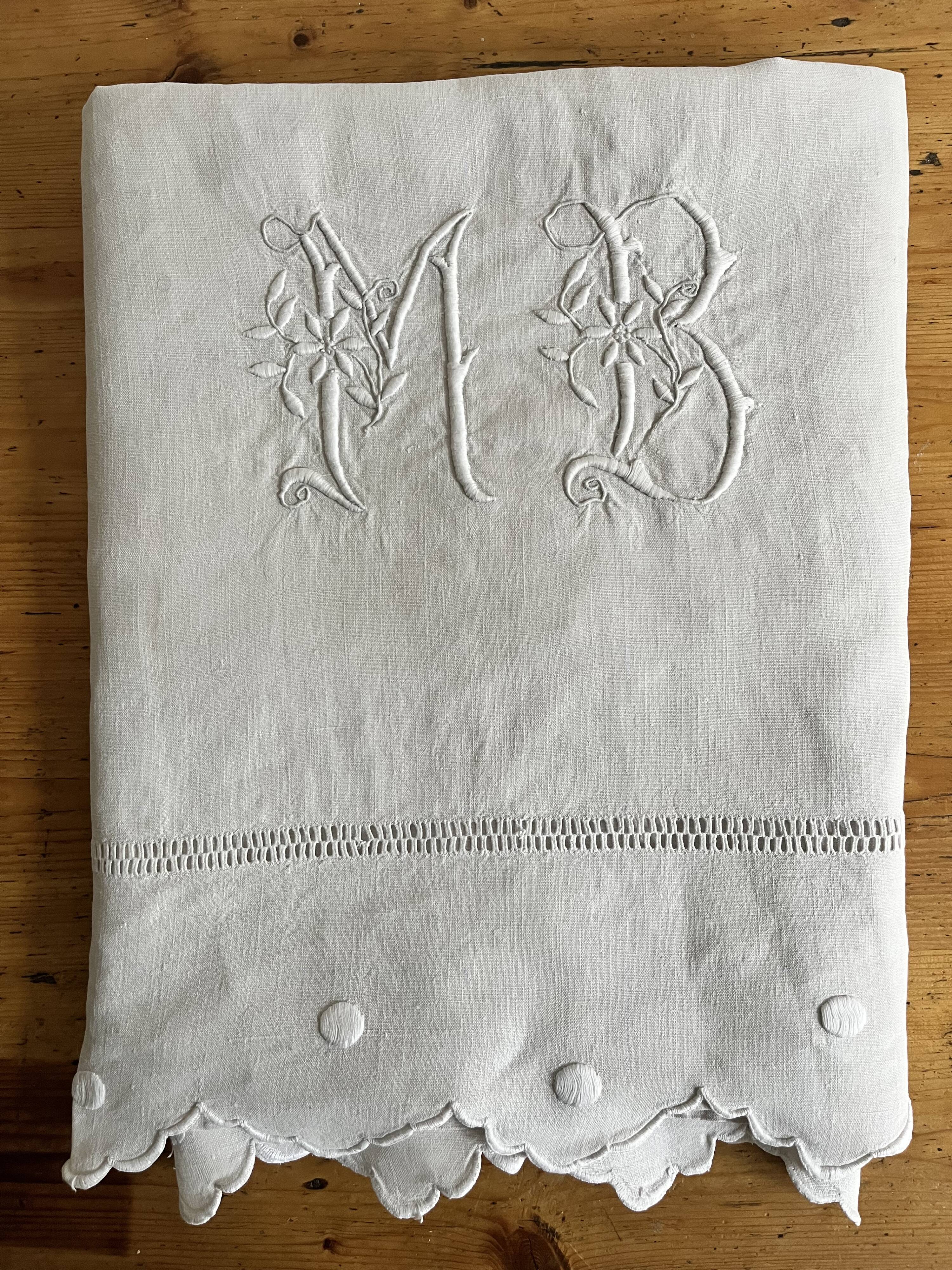 Antique linen, embroidered sheet with monogram (model 2)