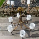 Bronze and brass chandelier set with 6 opalines + 3 appliques