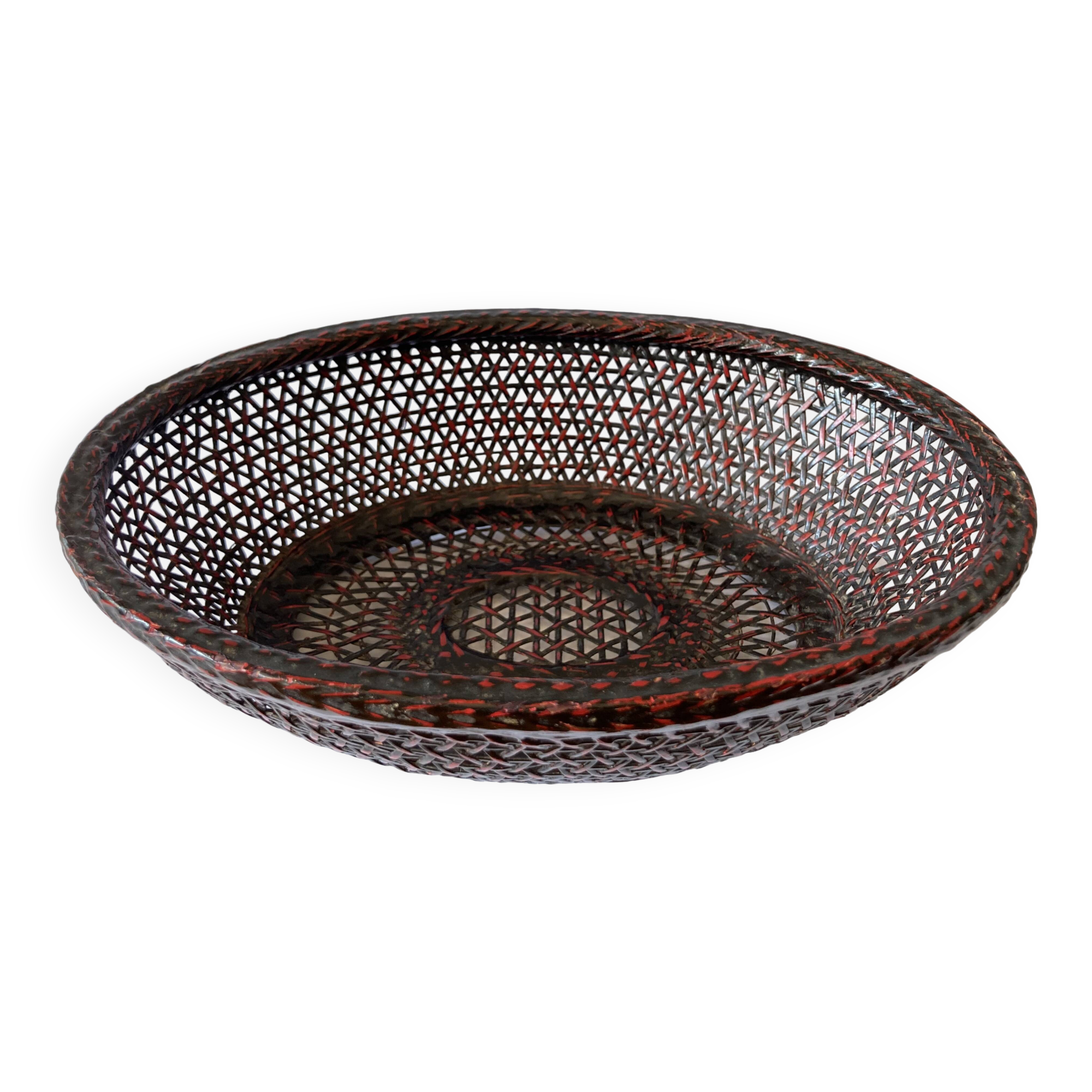 Japanese oval basket in negoro lacquered basketry (red lacquer on black background)