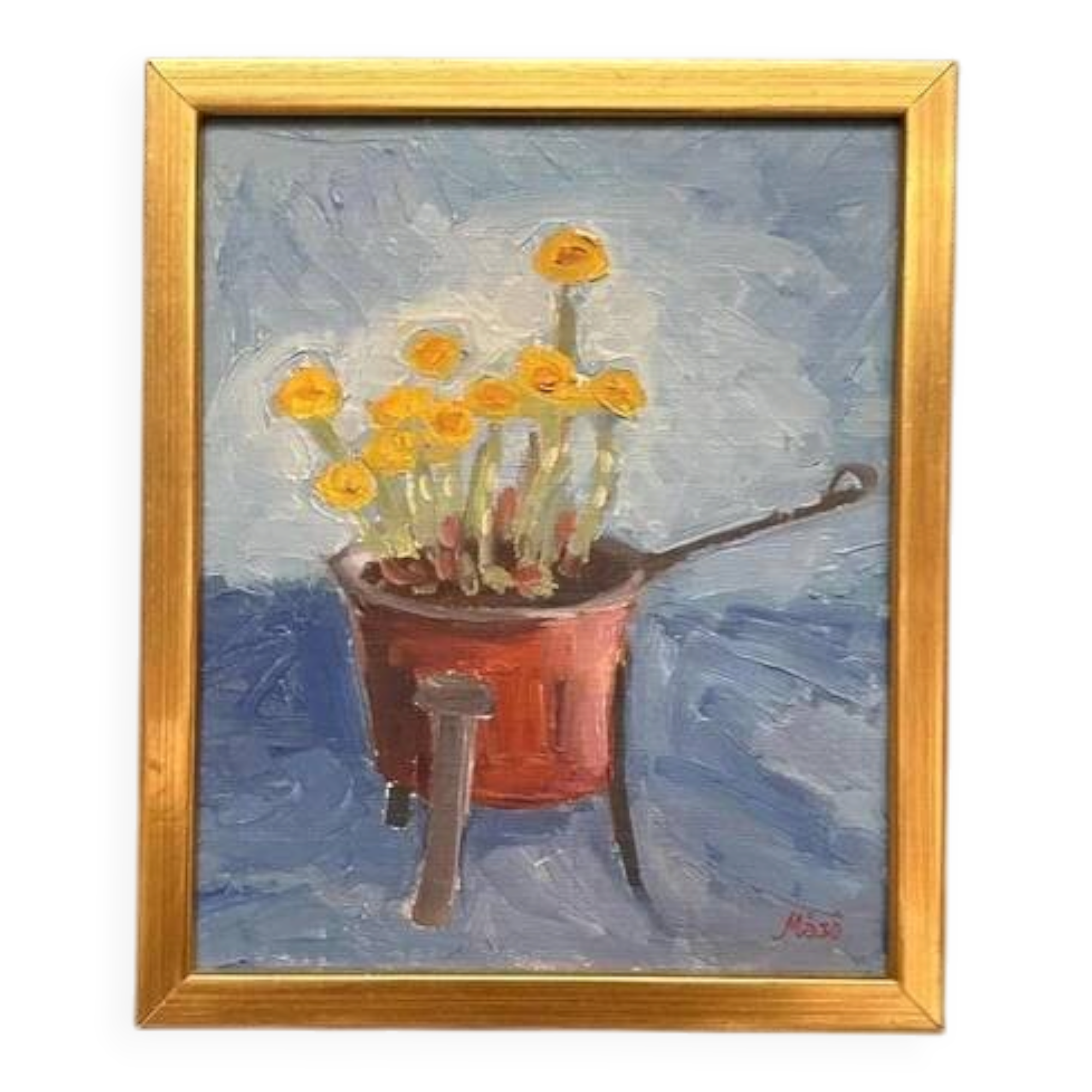 Pot de plante "Maso" huile sur panneau du milieu du siècle par inconnu, vintage et encadré 27x33cm