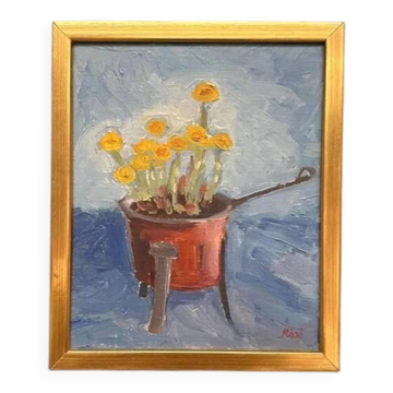 Mid-century oil on panel "Maso Plant Pot" by unknown, vintage & framed 27x33cm