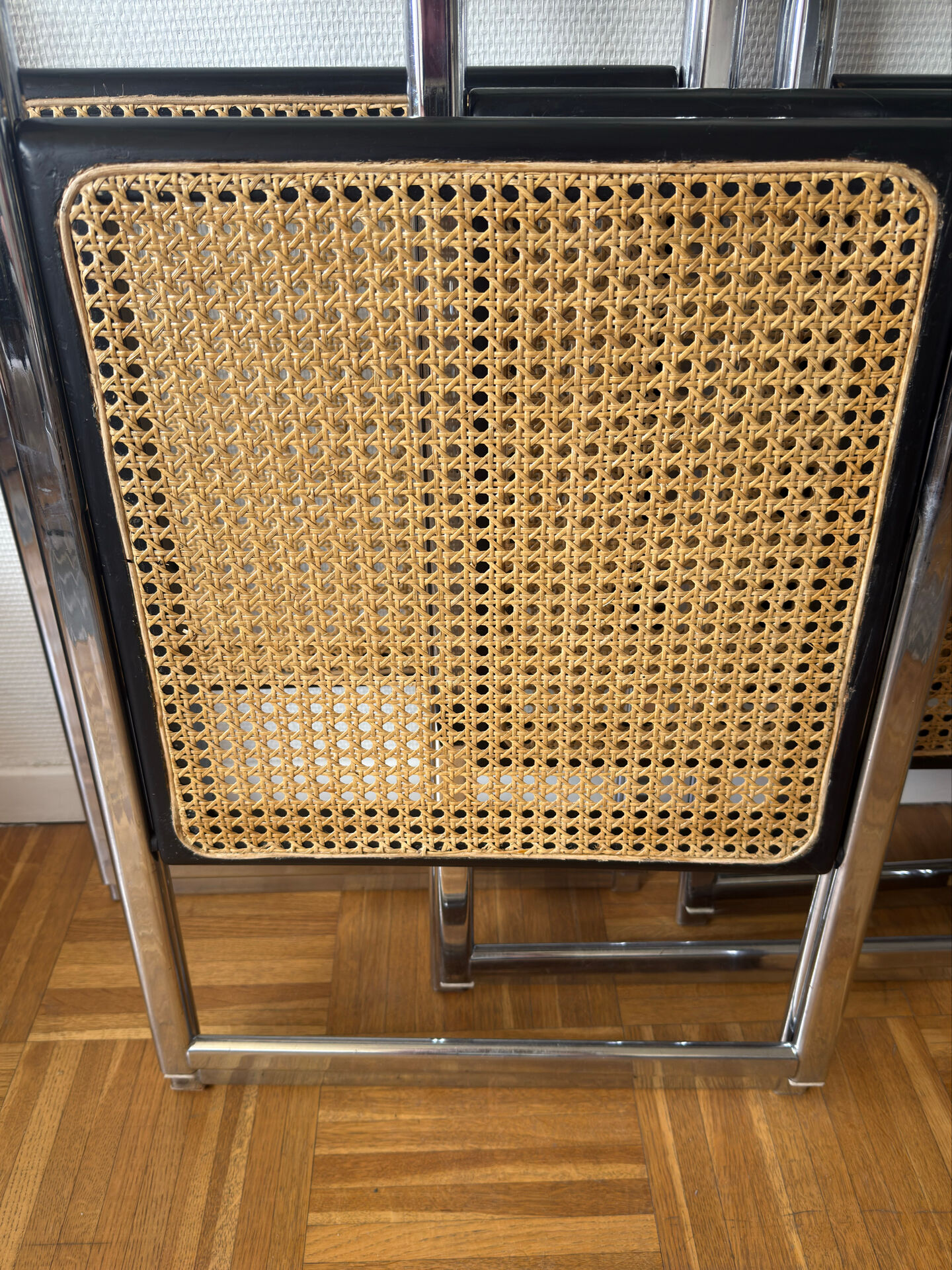 Set of 6 Italian chairs in chrome and cane.
