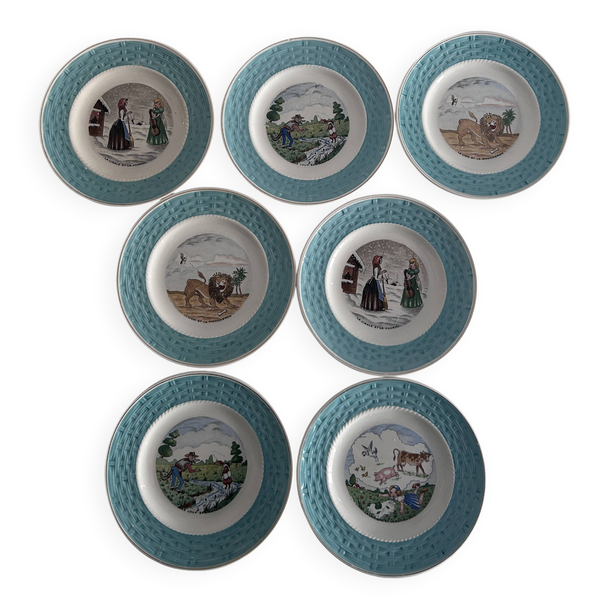 Set of 7 antique plates 18 cm – Fables de La Fontaine – turquoise decoration