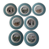 Set of 7 antique plates 18 cm – Fables de La Fontaine – turquoise decoration