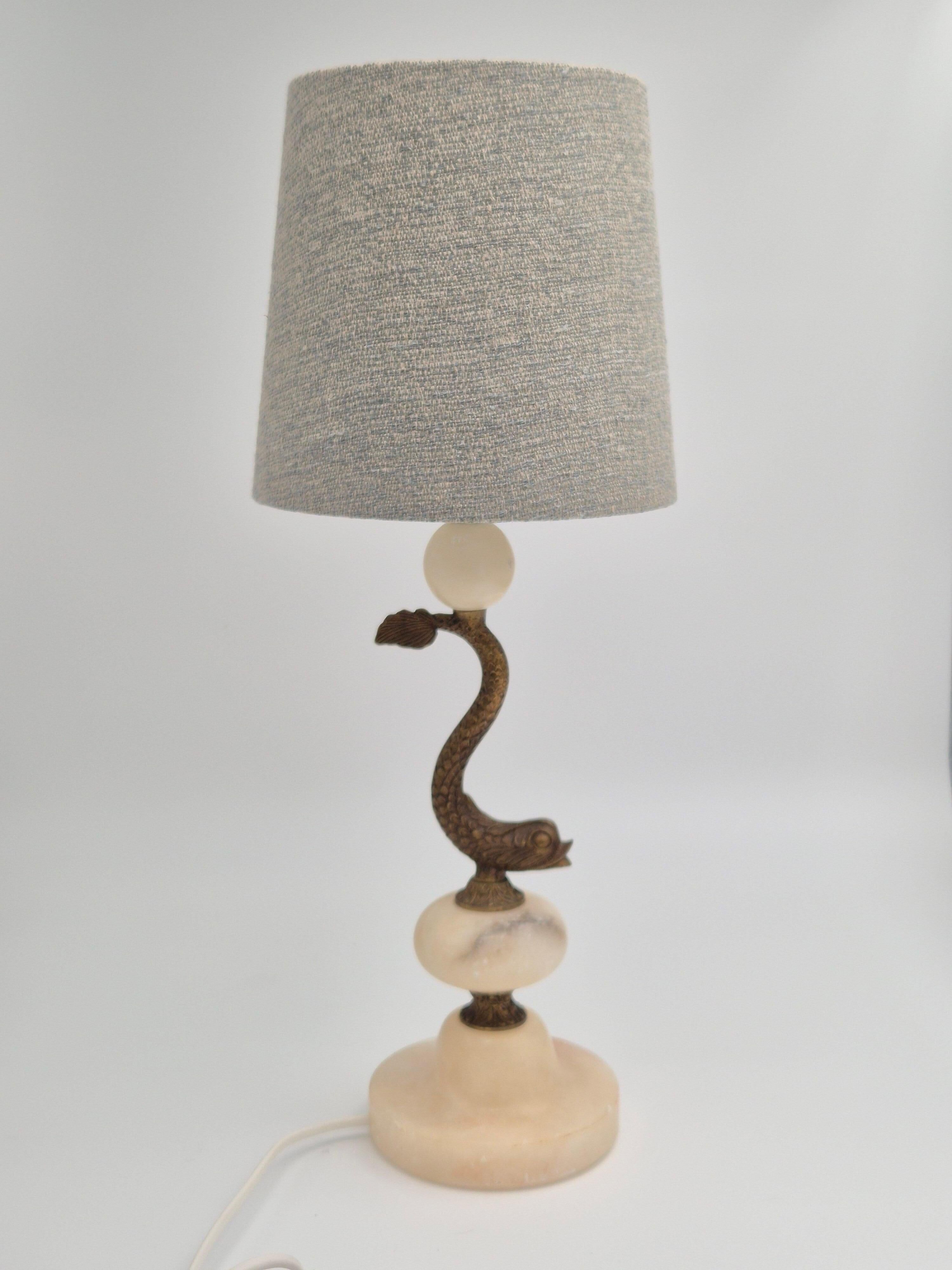 Sculptural table lamp in alabaster with fish/dolphin decoration, Swedish Grace