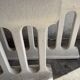 Pair of sculptural cast concrete planters in Off-White, mid-century brutalist style, long and rectangular.