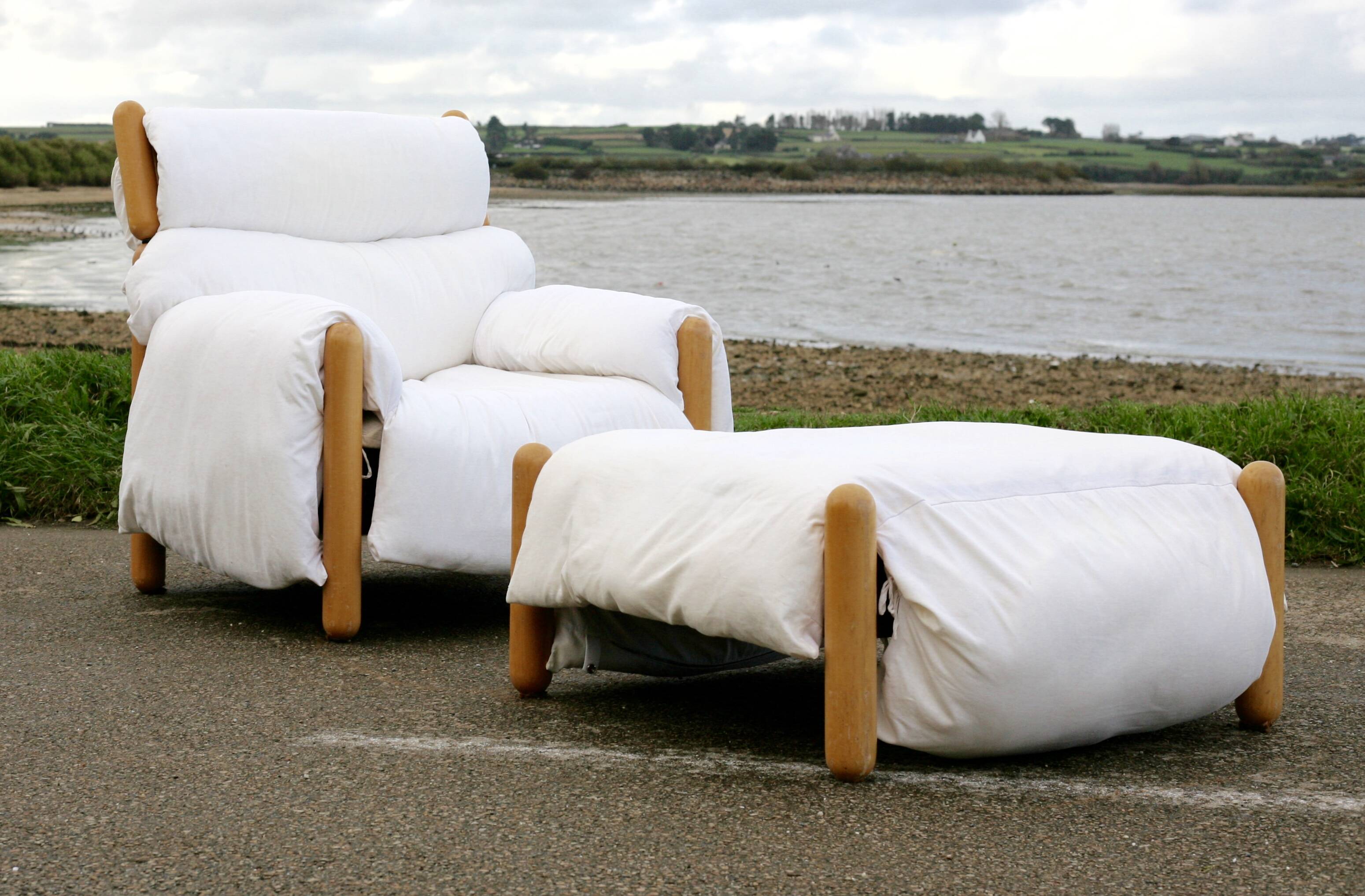 Enzo Mari, Gamba di Legno armchair and ottoman, Driade, Italy, 1976