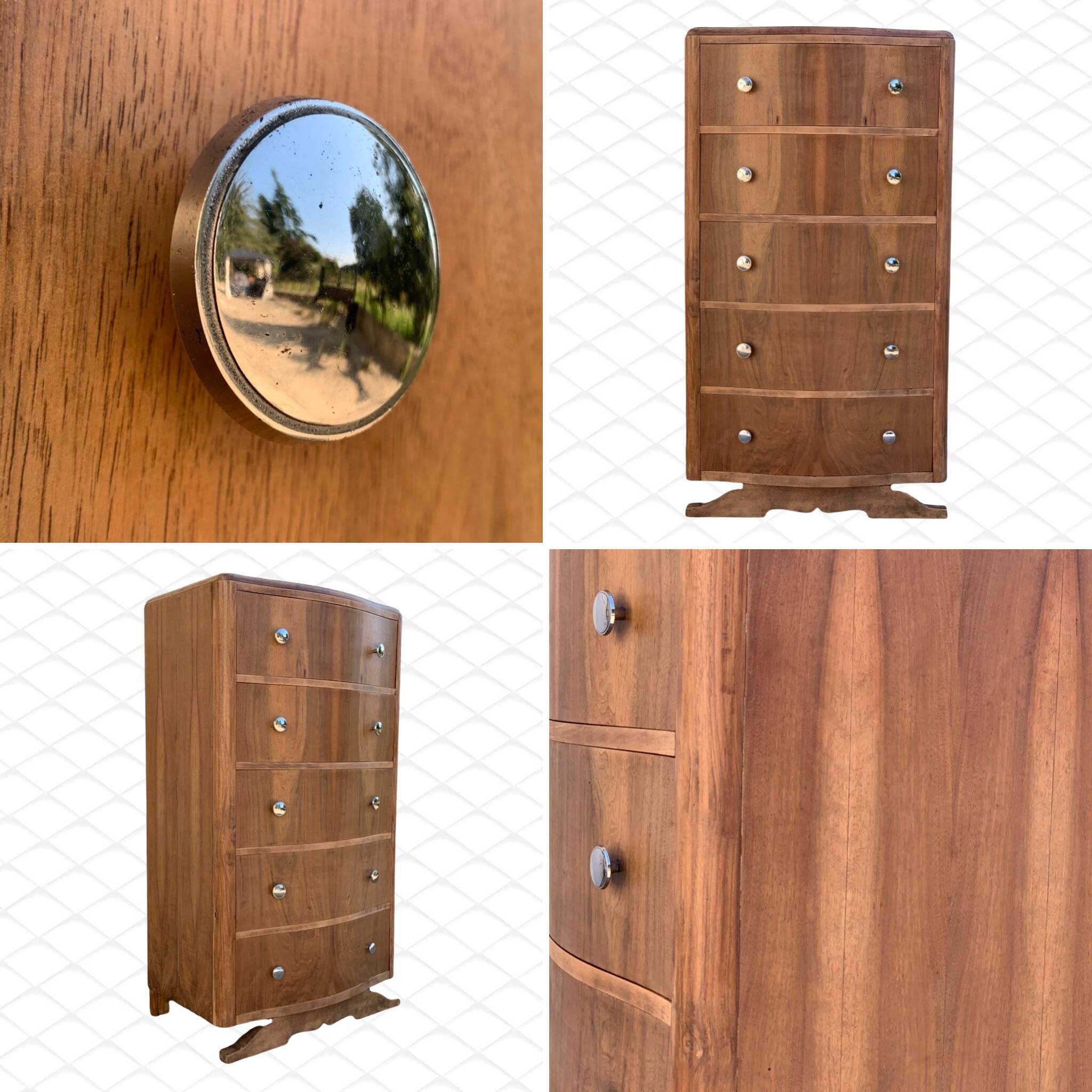 High art deco chest of drawers with mustache feet in raw walnut, 1930s