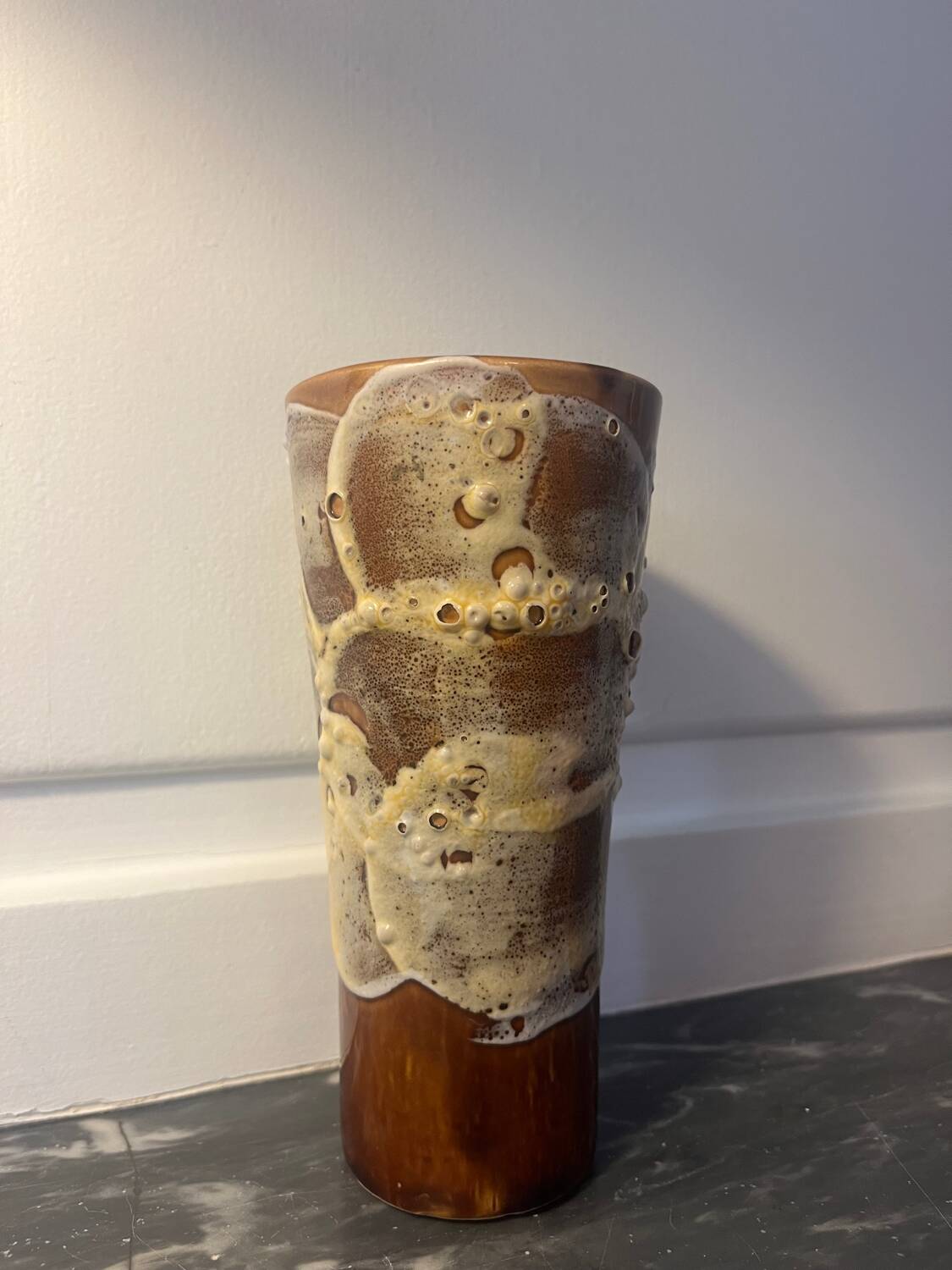 Small ceramic vase with textured details, brown tones, 1970s