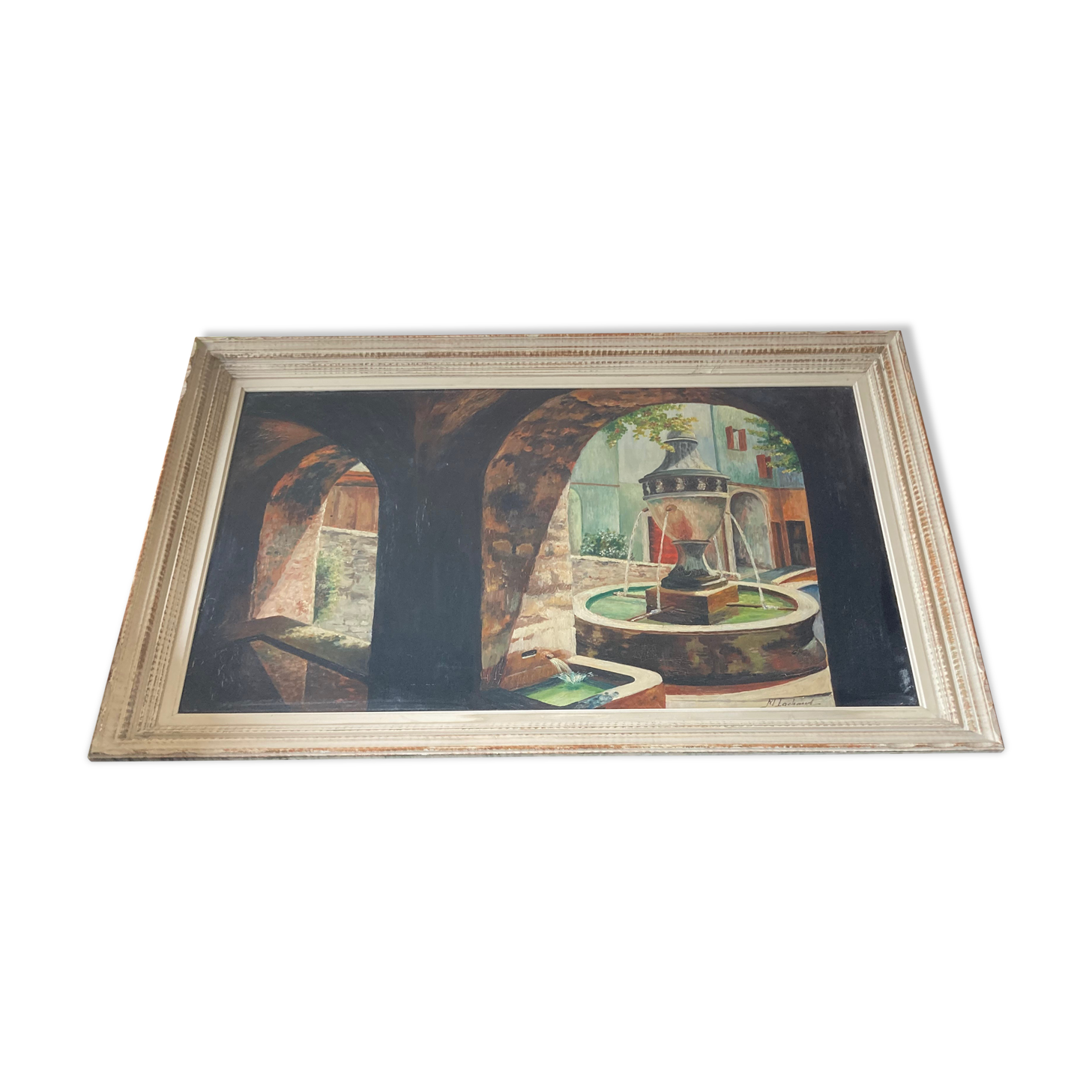 Framed oil fountain painting