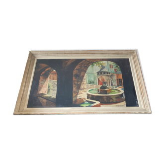 Framed oil fountain painting