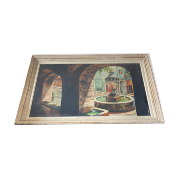 Framed oil fountain painting