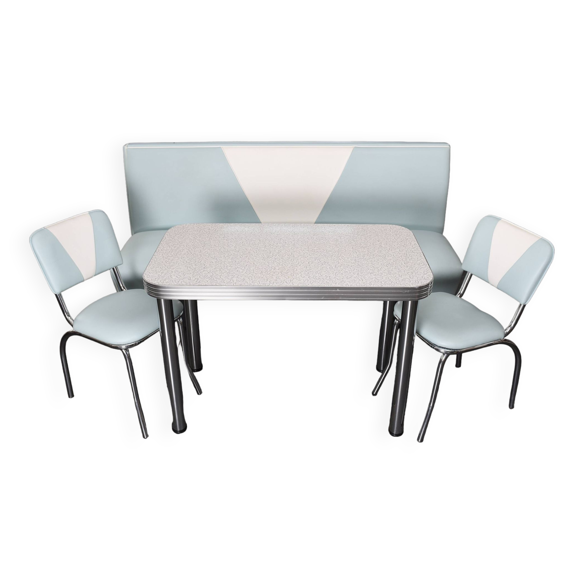 3-seater bench, table and 2 chairs, vintage American dinner style.