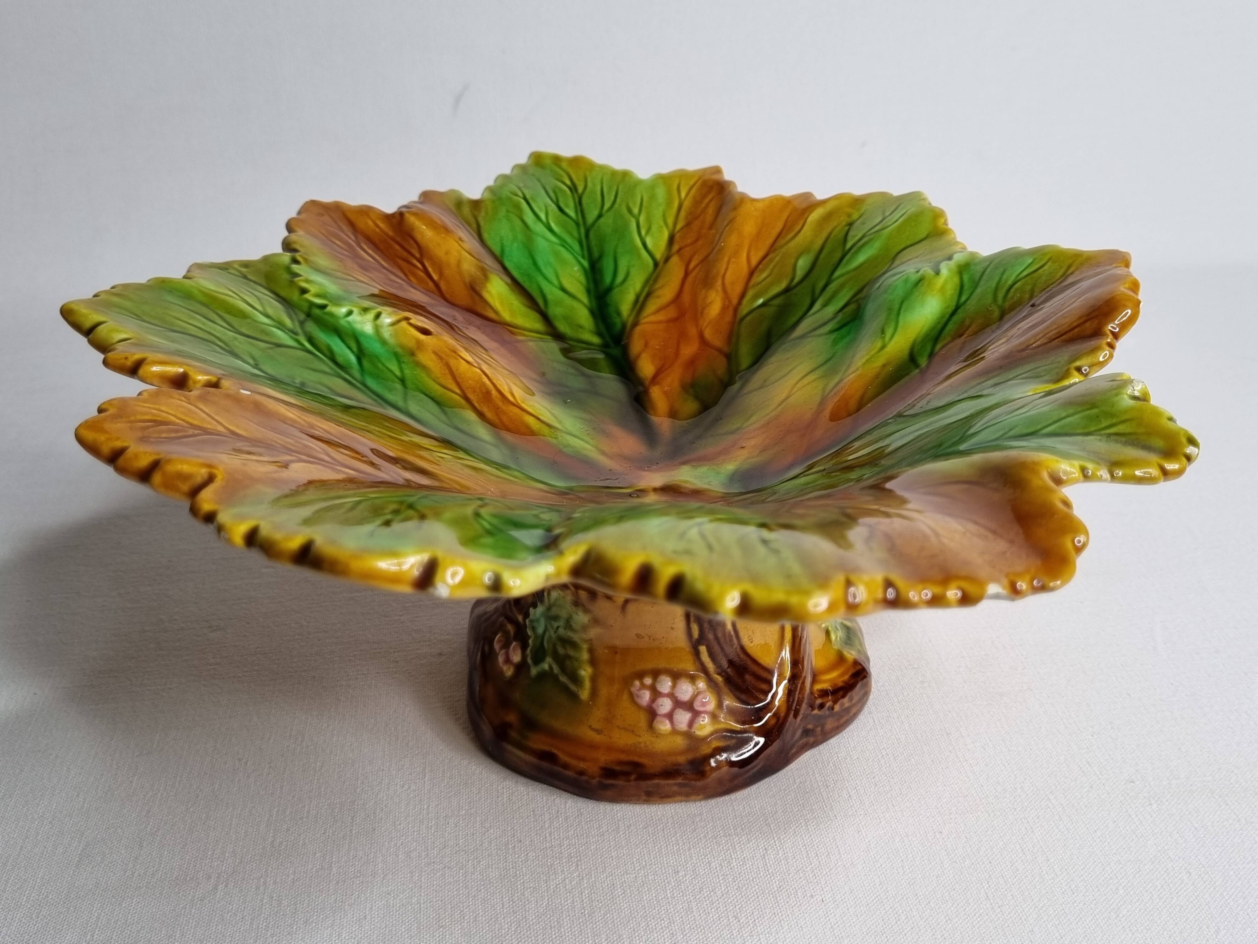 Old Villeroy and Boch compotier, decorated with green and ocher vine leaves, 1900