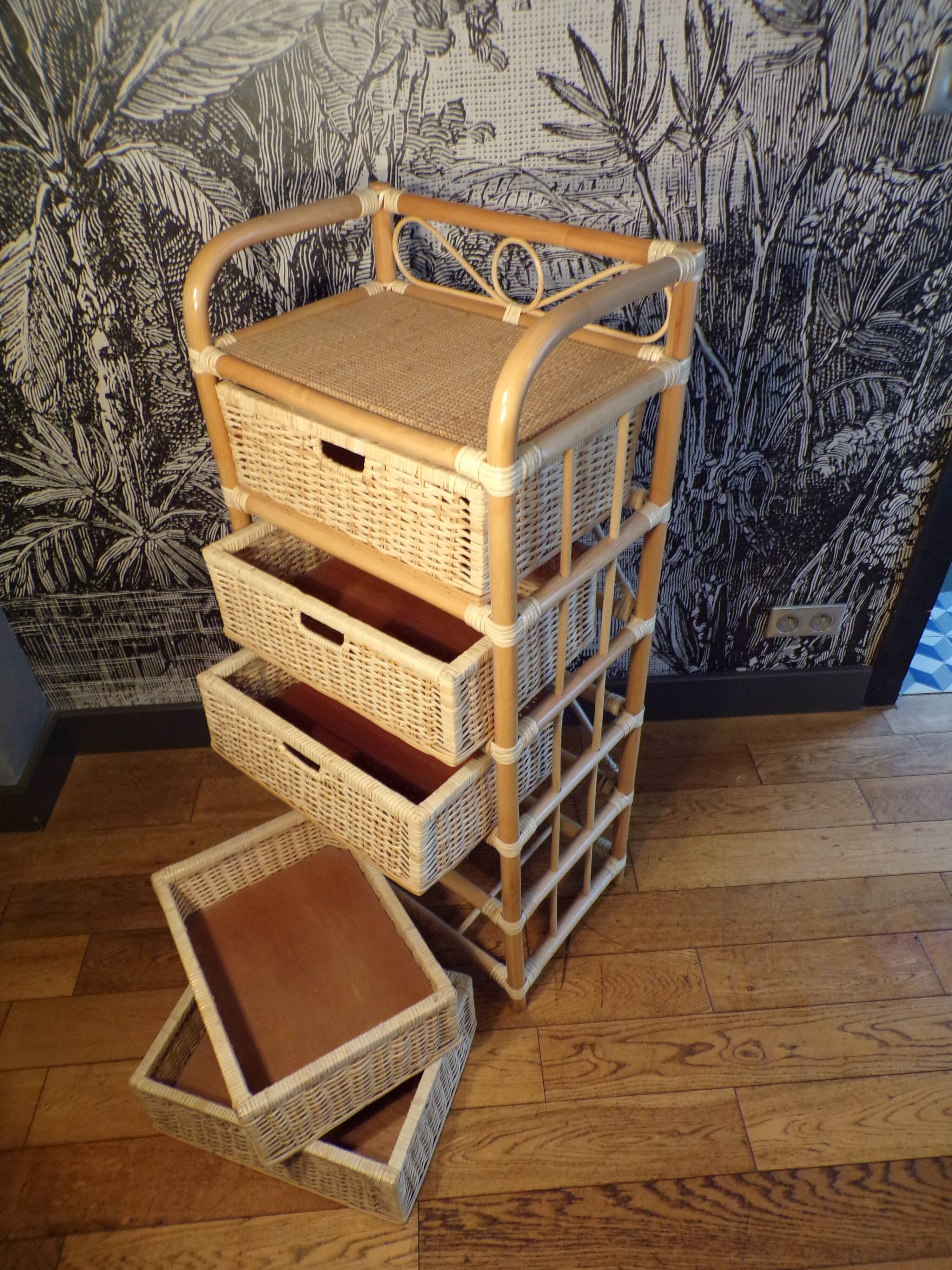Commode vintage 5 tiroirs en rotin