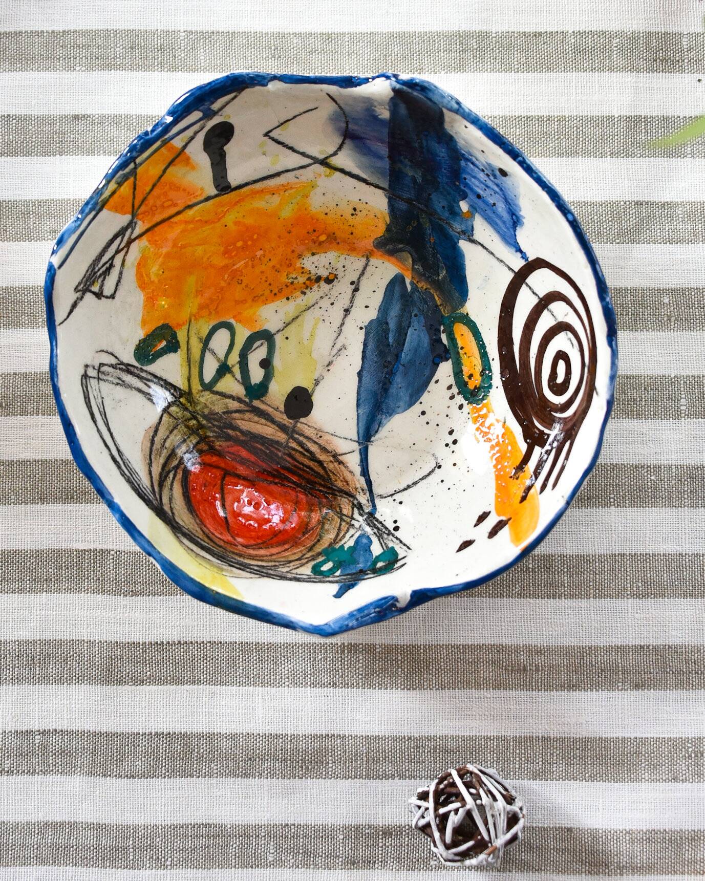 Blue abstract art ceramic bowl