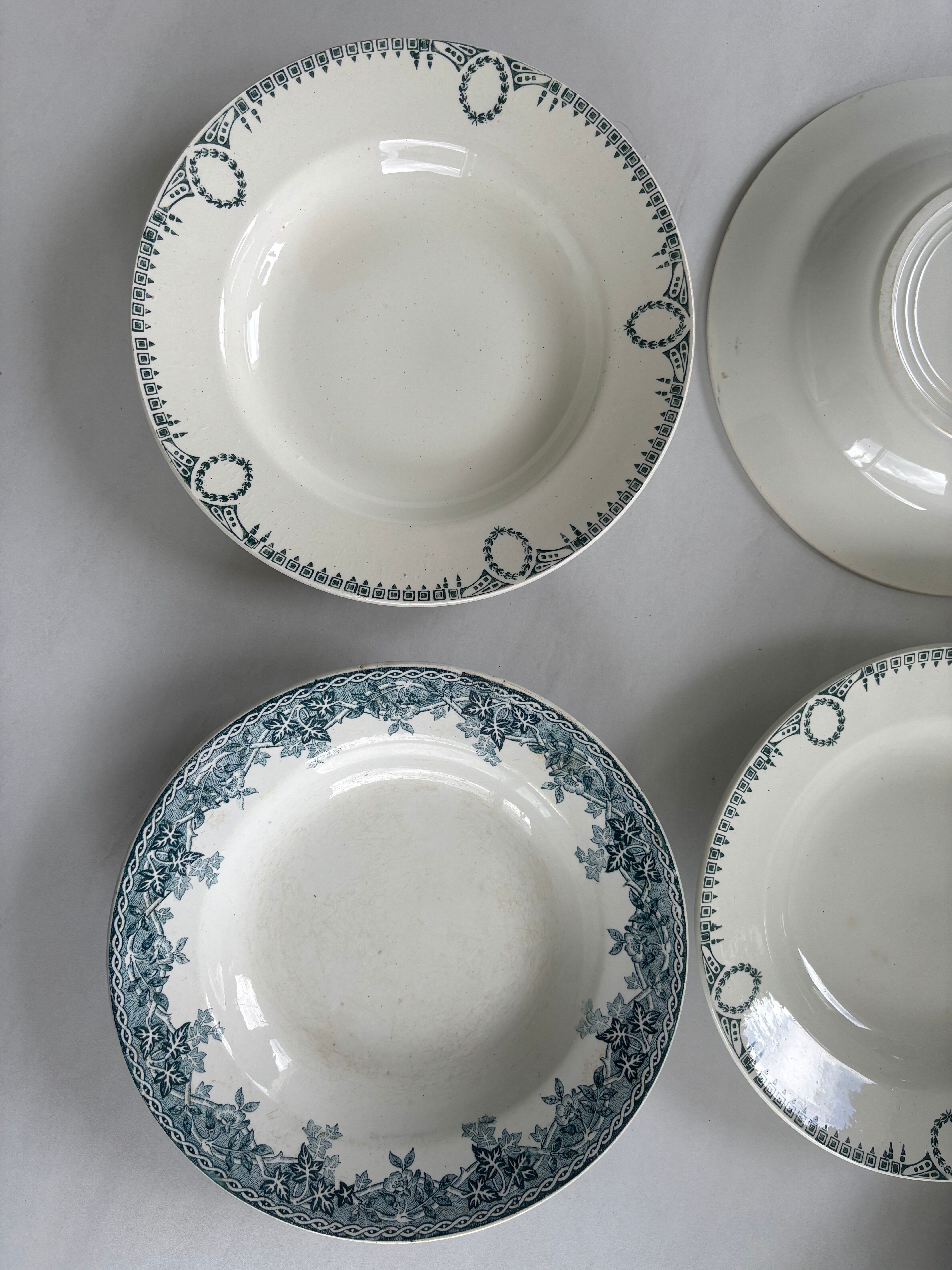 Set of 6 blue ironstone deep plates, antique French earthenware.