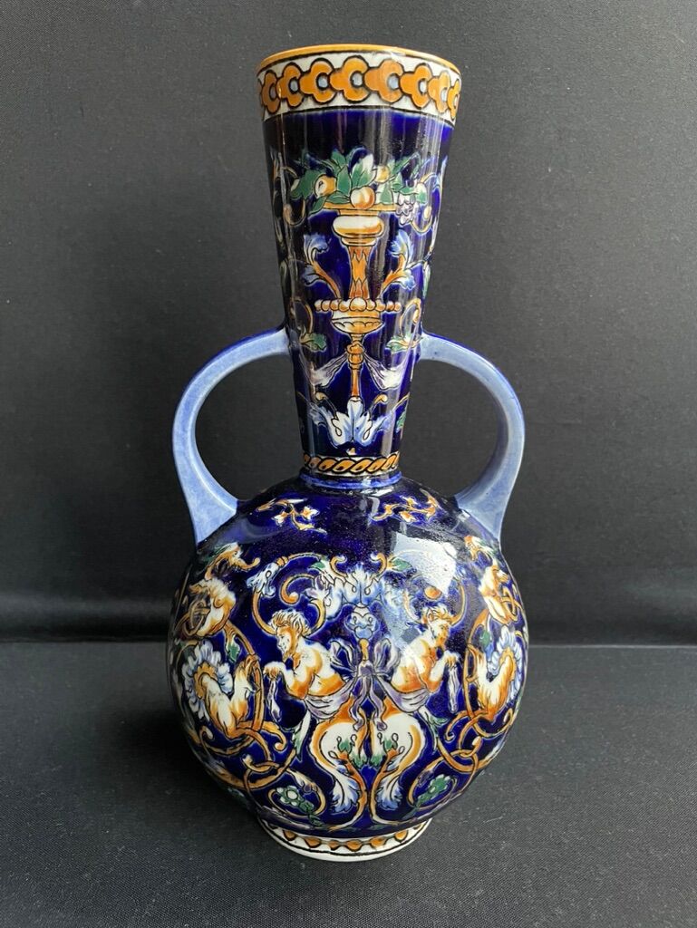 Vase with 2 handles earthenware gien decoration italian renaissance stamped