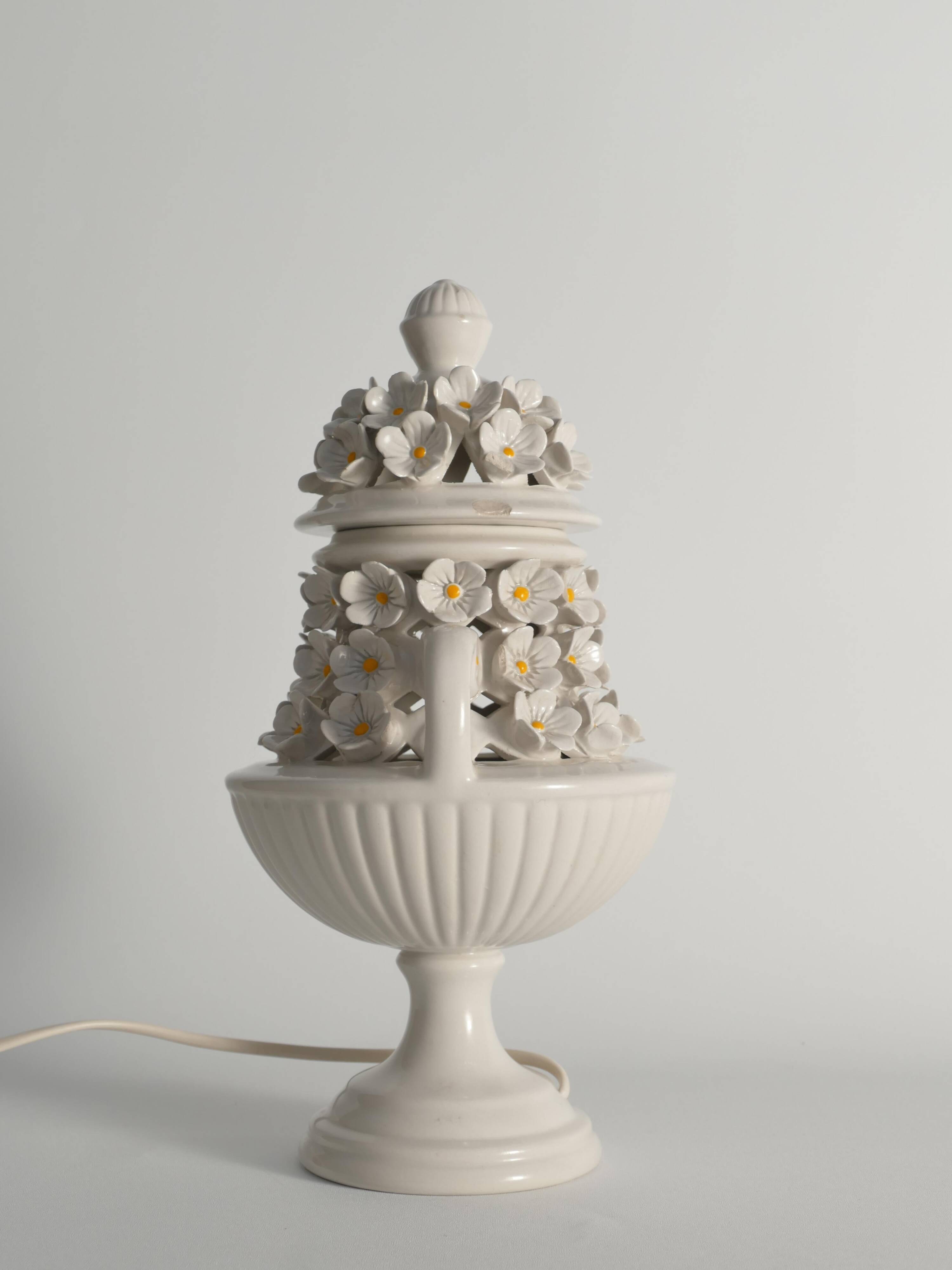 White Ceramic Table Lamp with Flower Motif, Italy 1960s