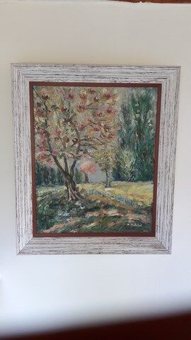 Tableau peinture huile pommiers en fleurs
