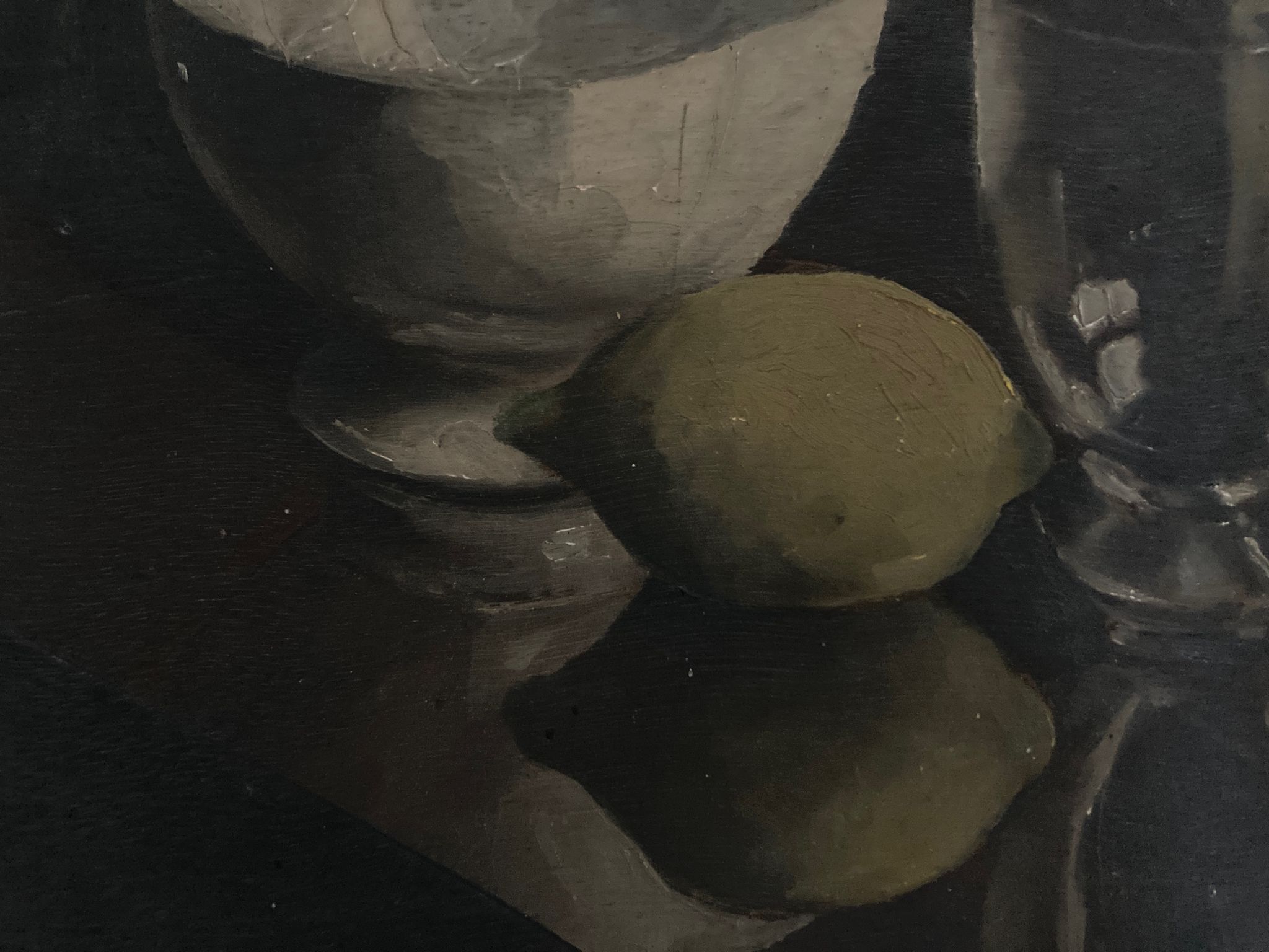 Oil on wood still life with glass bowl and lemon chiaroscuro 1960