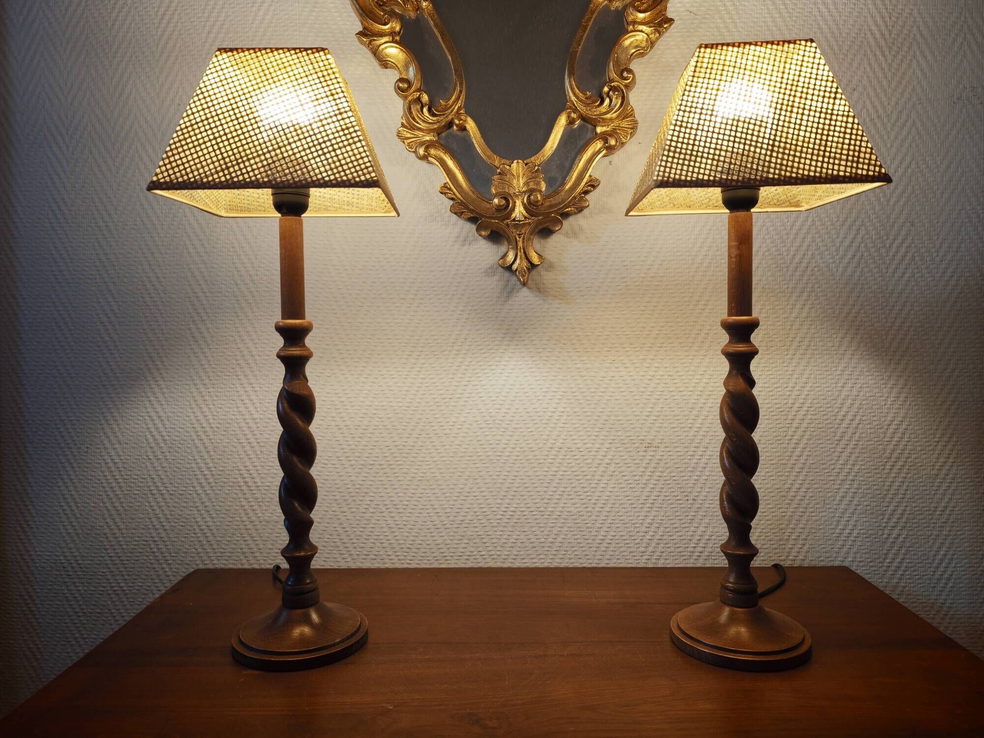 Pair of tall turned wooden lamps