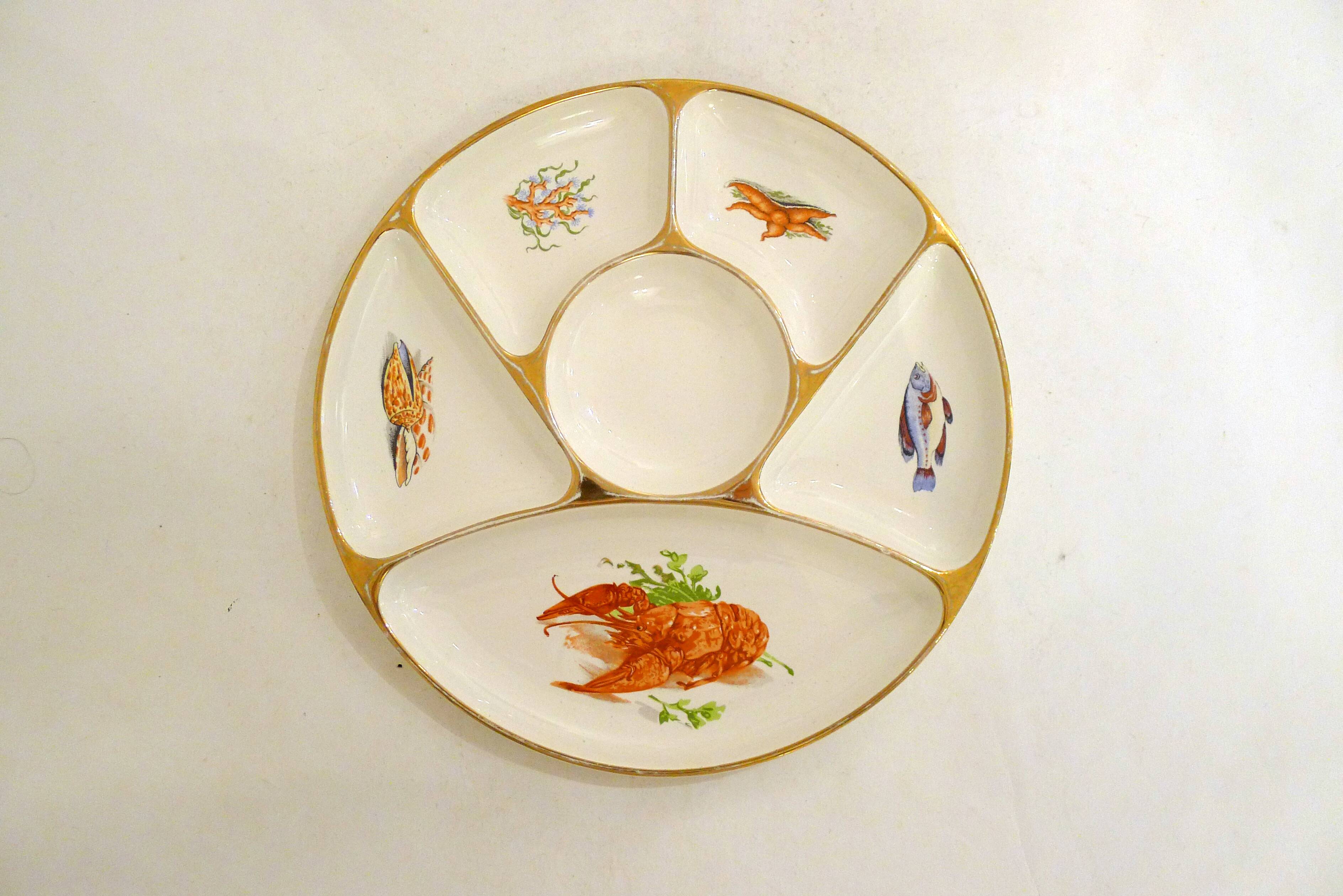 Appetizer plate, seaside design, Gien earthenware, 1960