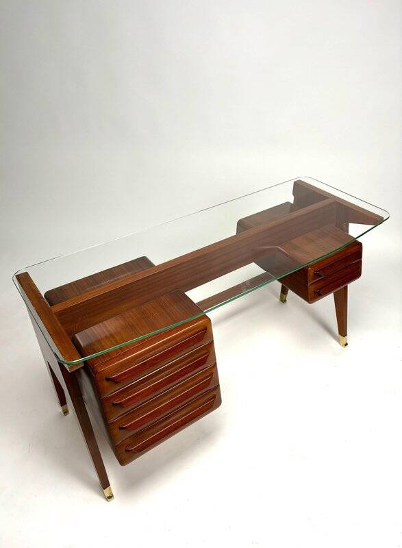 Wood and Brass Desk attributed to Vittorio Dassi, Italy, 1950s