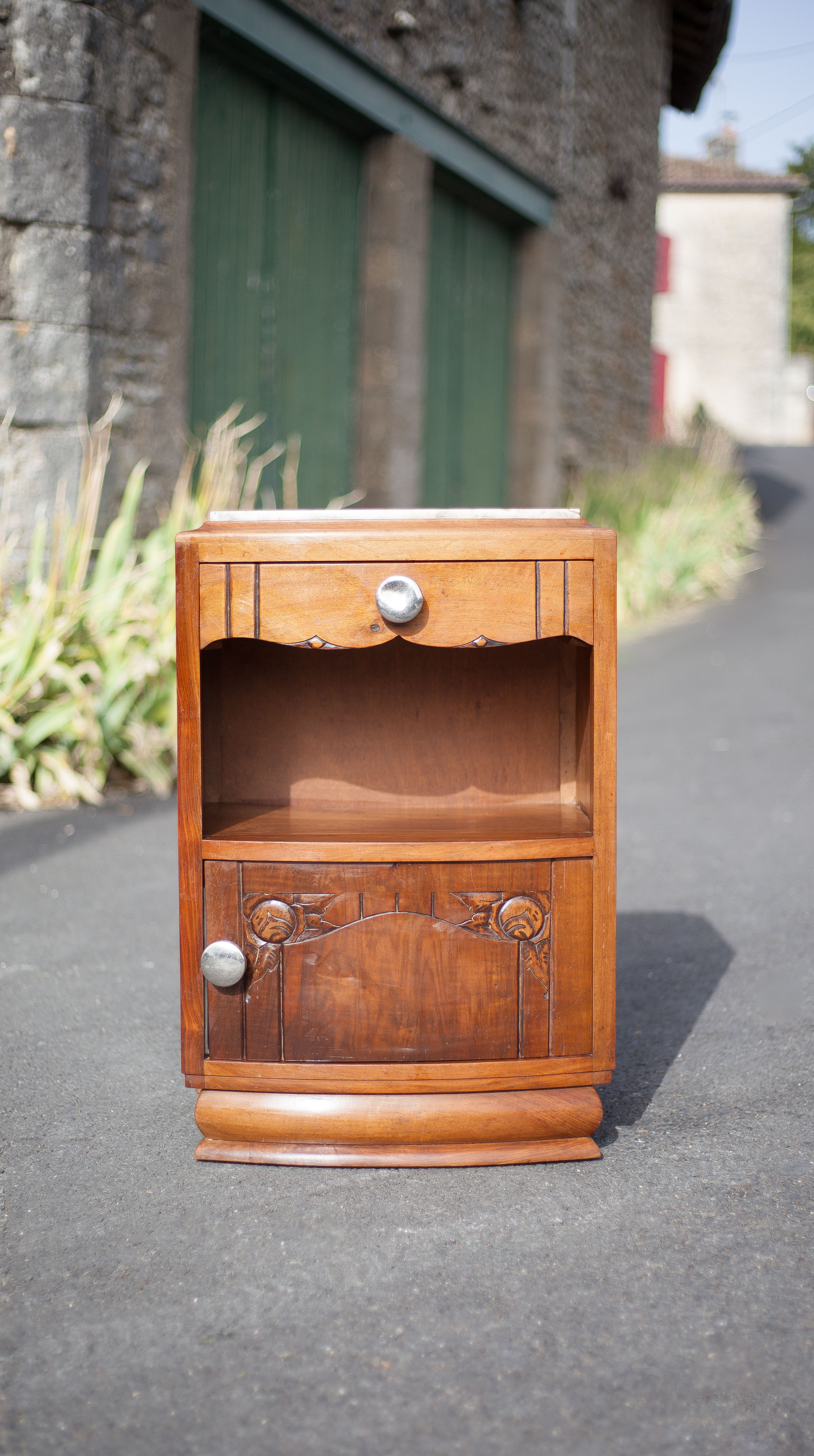 Bedside table, wooden nightstand with marble plate, art deco furniture, vintage furniture