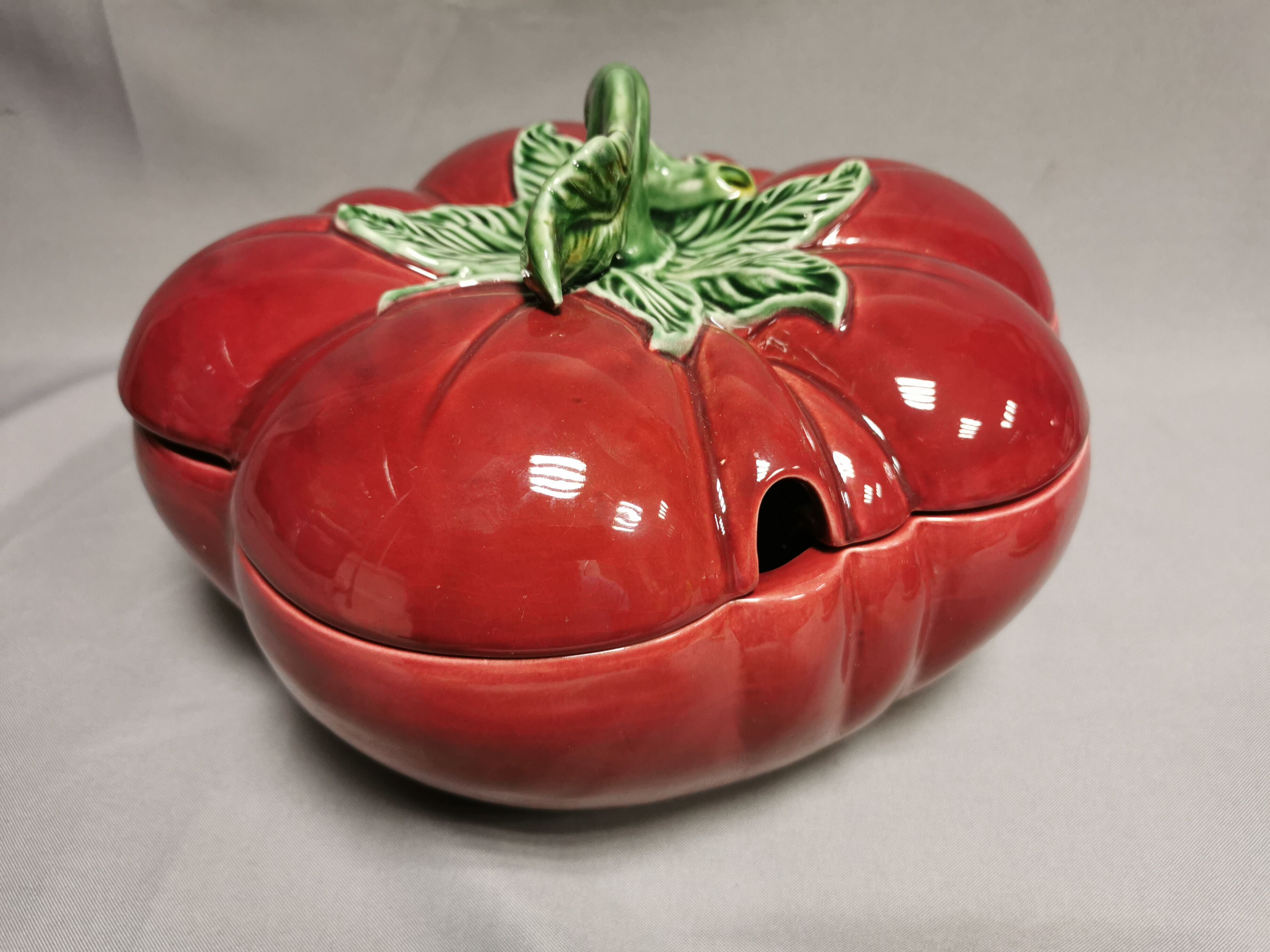 Vintage soup tureen + Trompe l'oeil sauce boat, majolica tomato shape