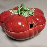 Vintage soup tureen + Trompe l'oeil sauce boat, majolica tomato shape