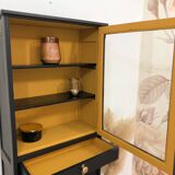 Vitrine vintage en bois massif, noir et jaune