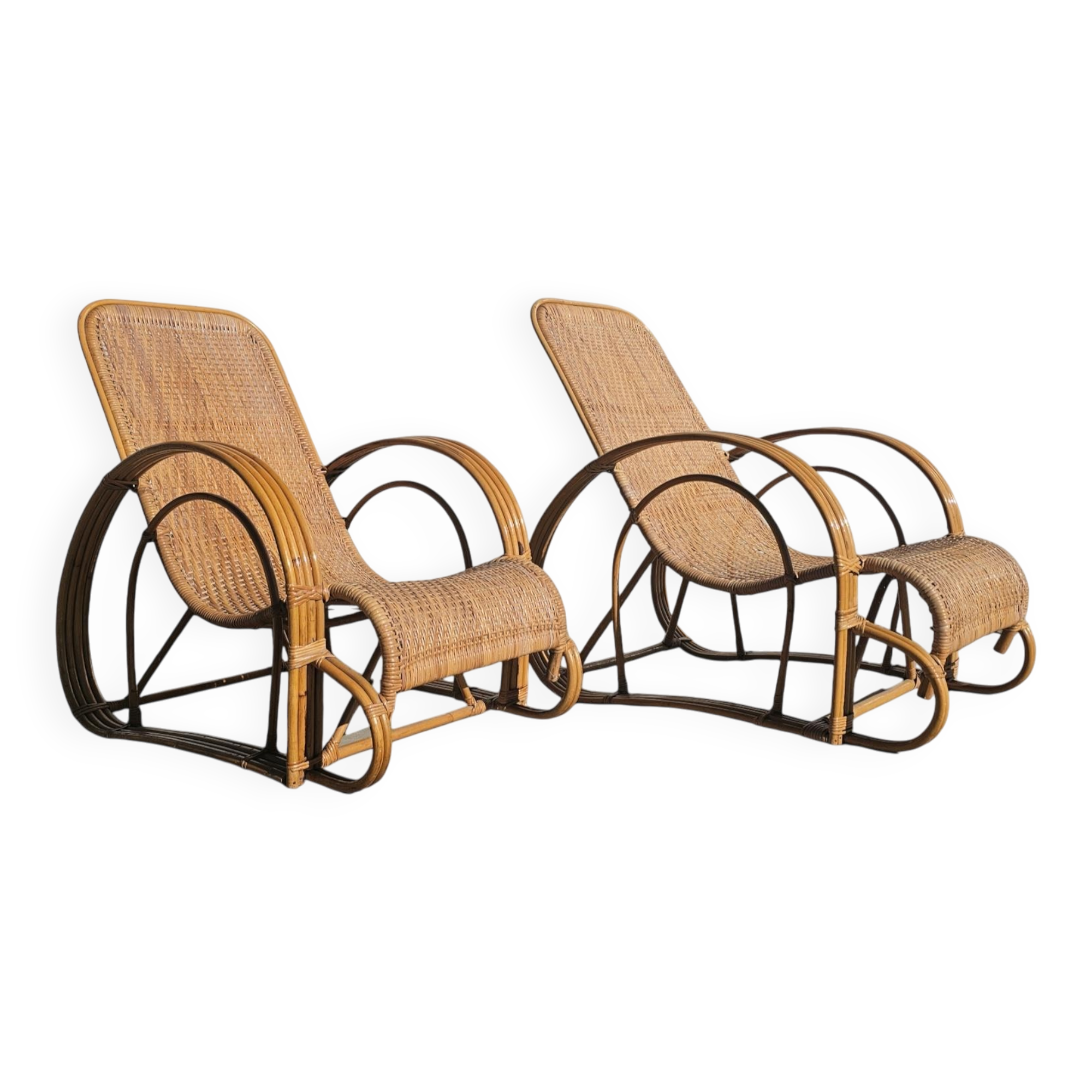 Paire de chaises longues XXL Mid Century Modern en bambou et rotin