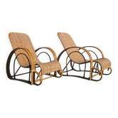 XXL Mid Century Modern pair of bamboo and rattan sun loungers