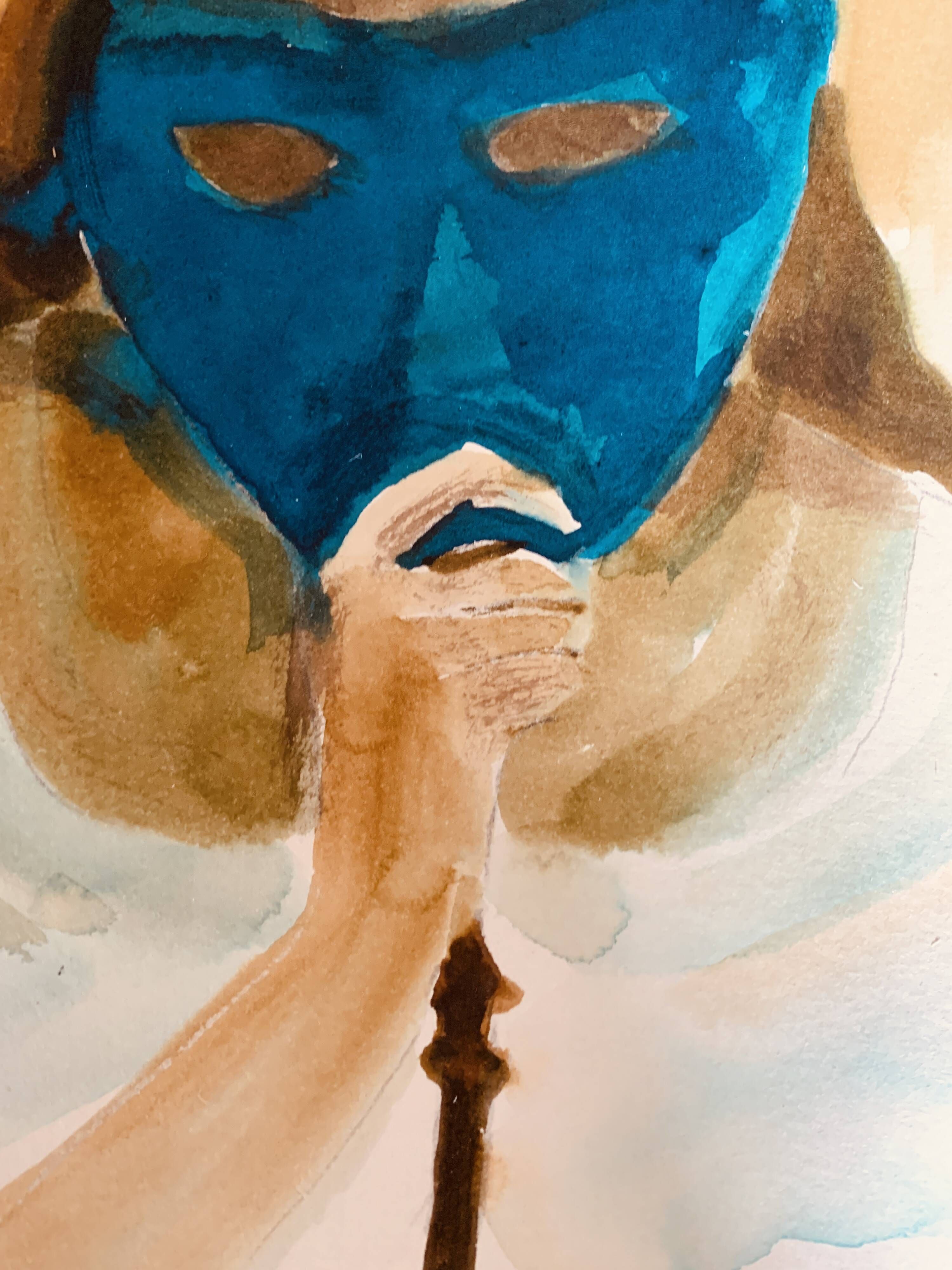 Signed painting of a female portrait at the Carnival of Venice "the blue mask"