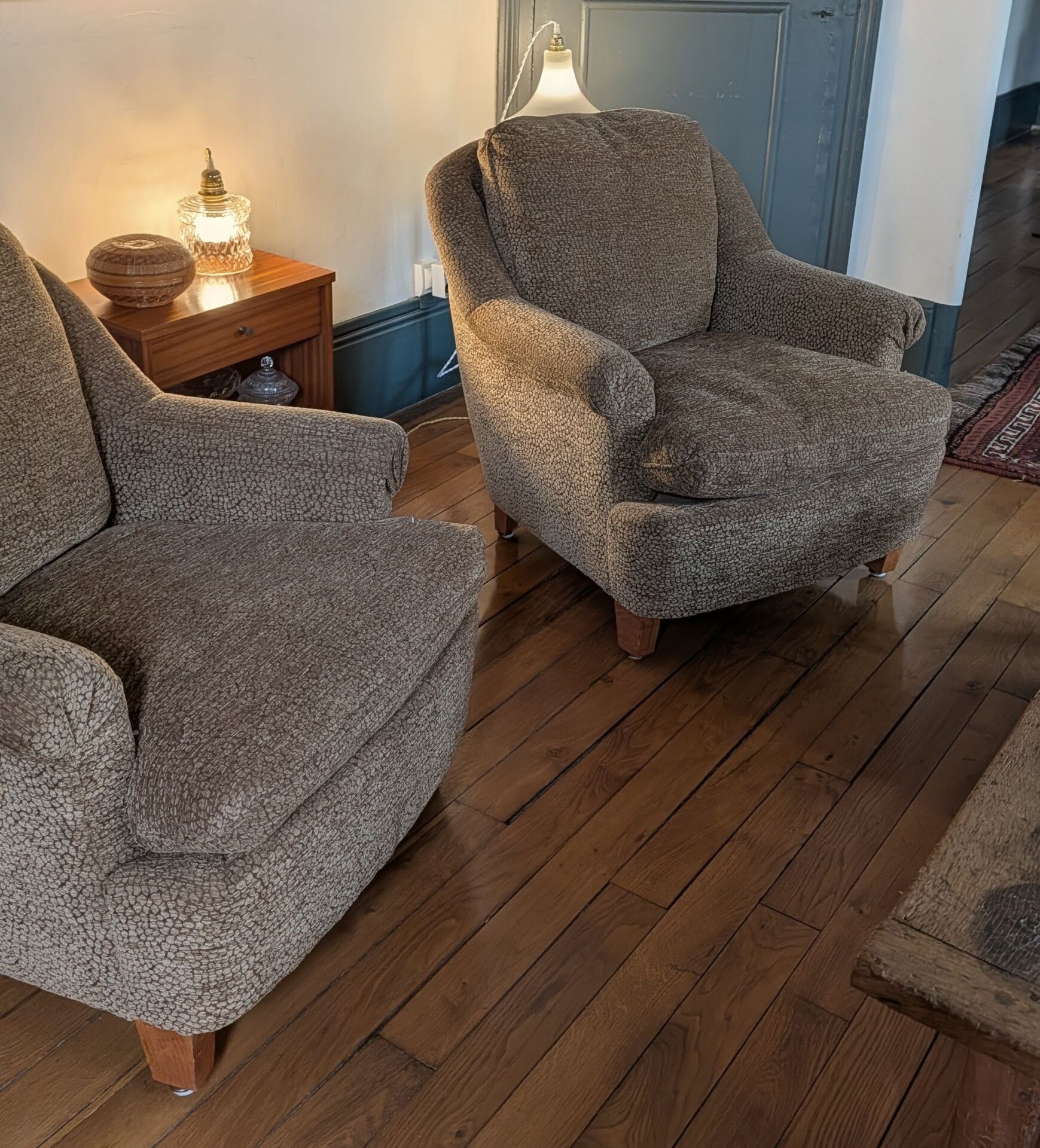 Pair of brown chenille velvet lounge chairs