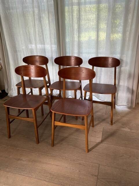 5 beech and teak chairs - Denmark 50s/60s