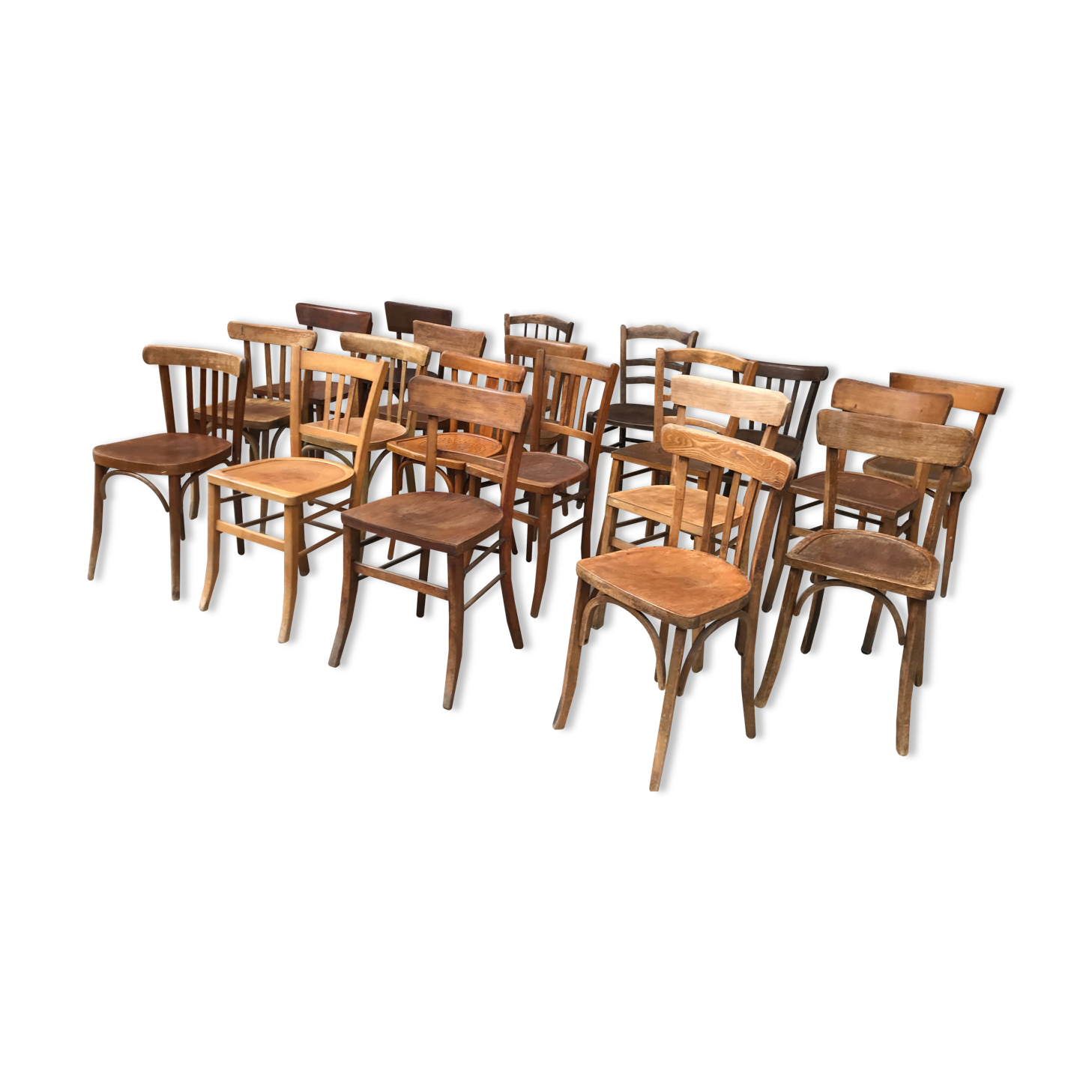 Set of 15 mismatched curved wood bistro chairs