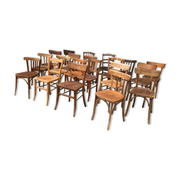 Set of 15 mismatched curved wood bistro chairs