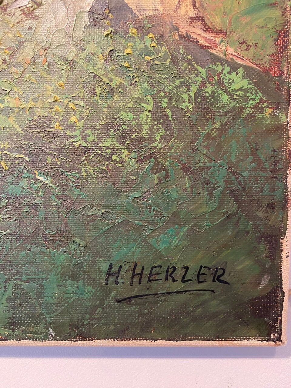 Old painting, Swiss mountain landscape signed H Herzer, mid-XX century
