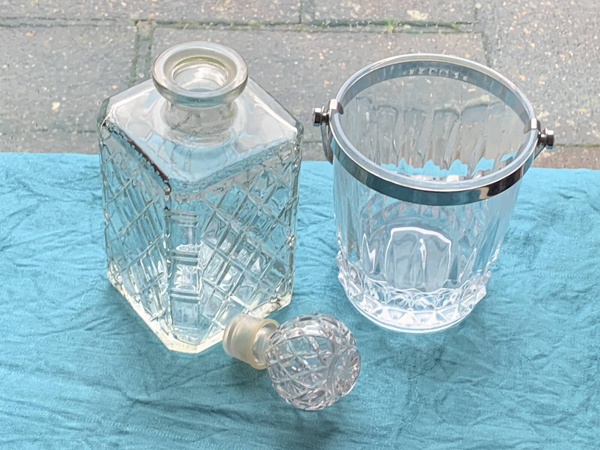Whiskey carafe and ice bucket stamped crystal d'arques in vintage transparent glass