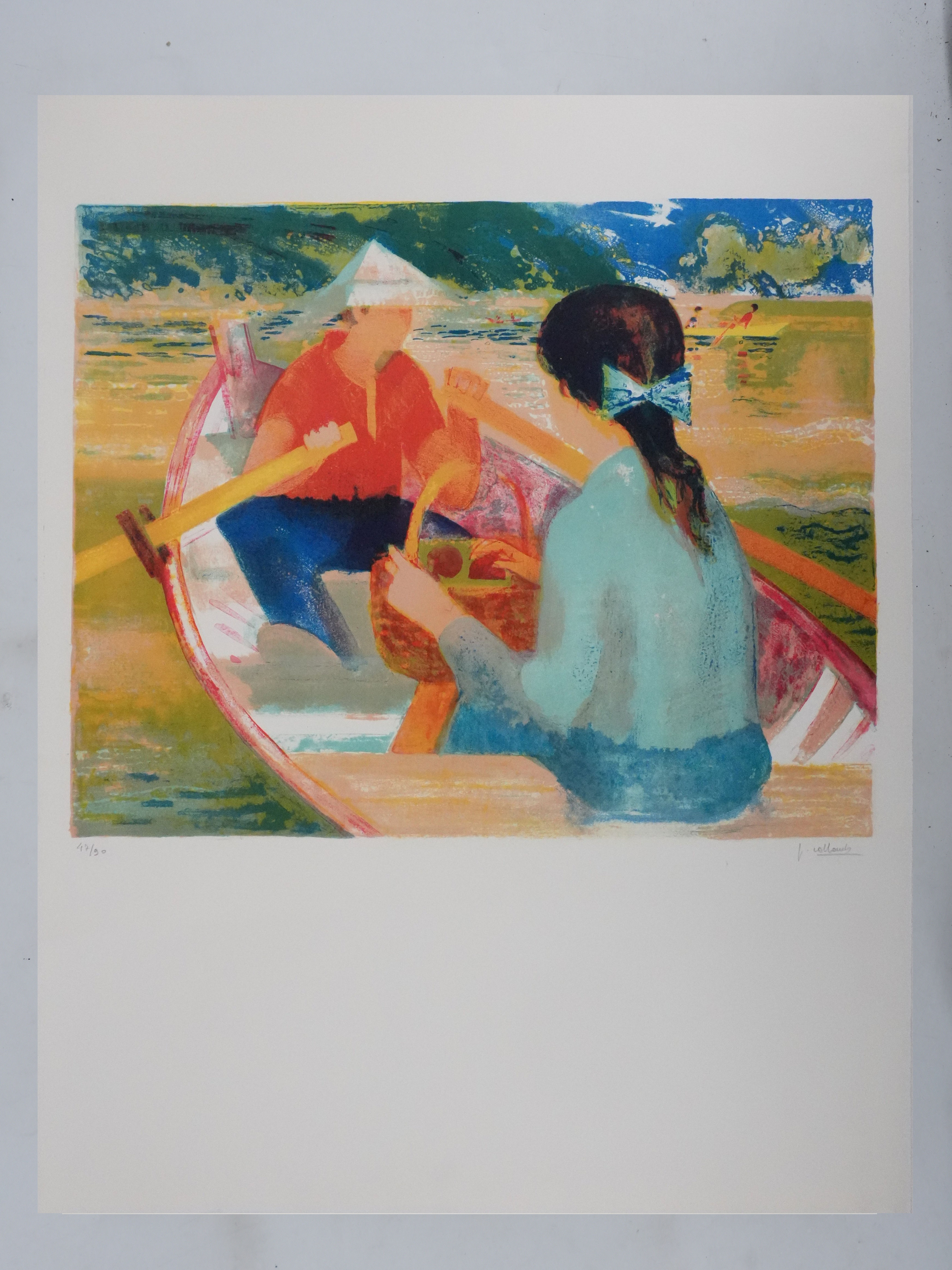 Paul COLLOMB : Barques au bois de Boulogne, lithographie originale signée