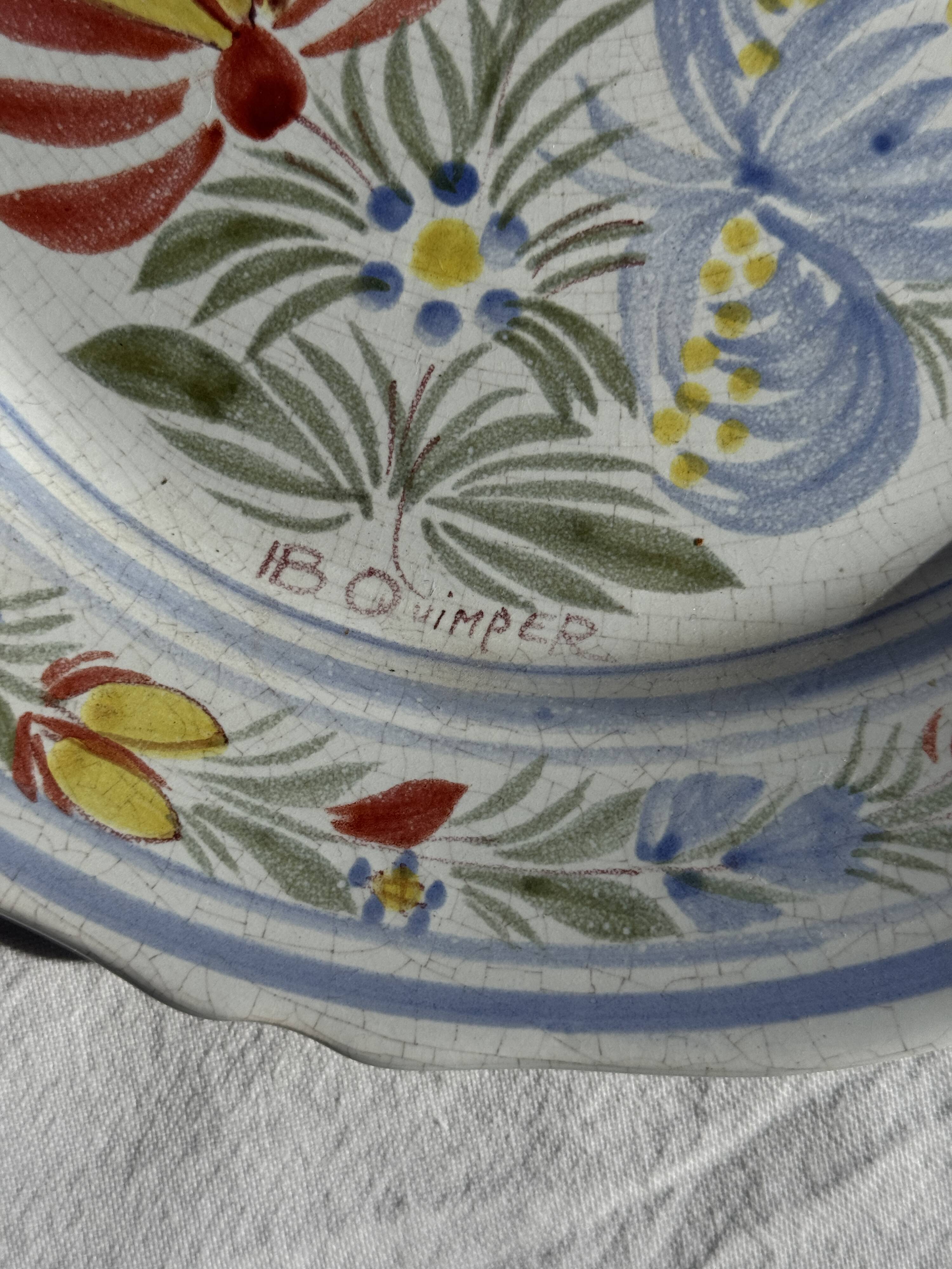 Antique decorative plate IB Quimper with polychrome floral decoration D24