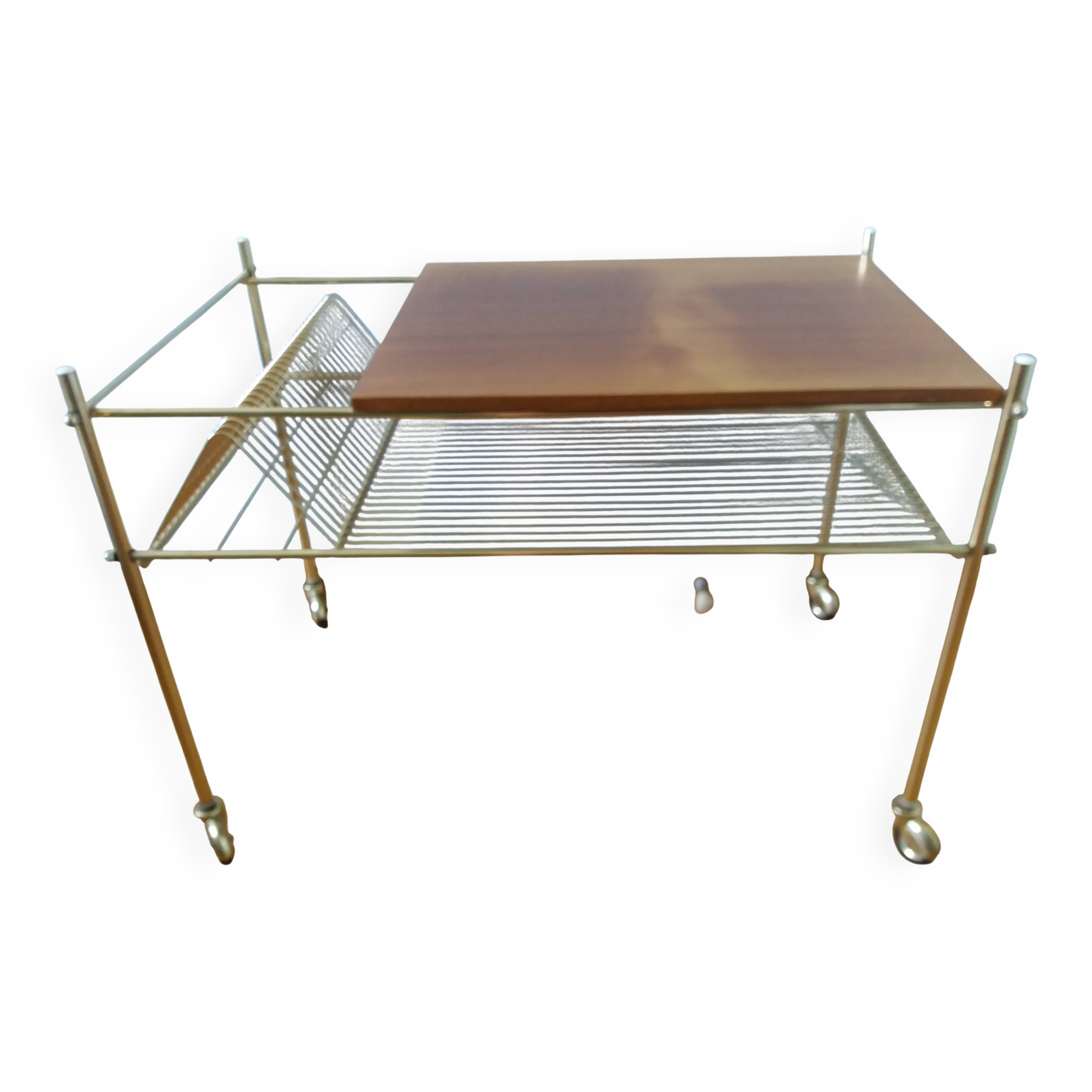 Vinyl hi-fi console with wheels in gold metal and wood