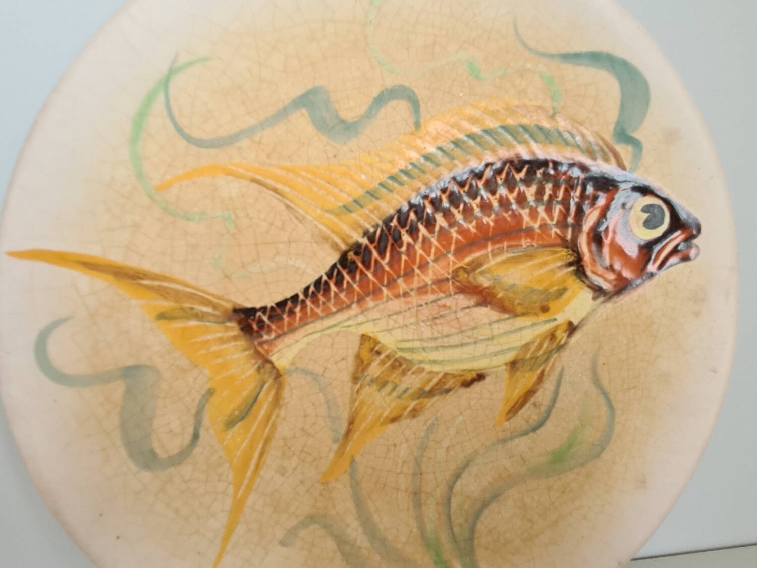Decorative plate signed Vallauris handmade decor / fish / painting / 1950 / French riviera / Mid-Century / 20th century